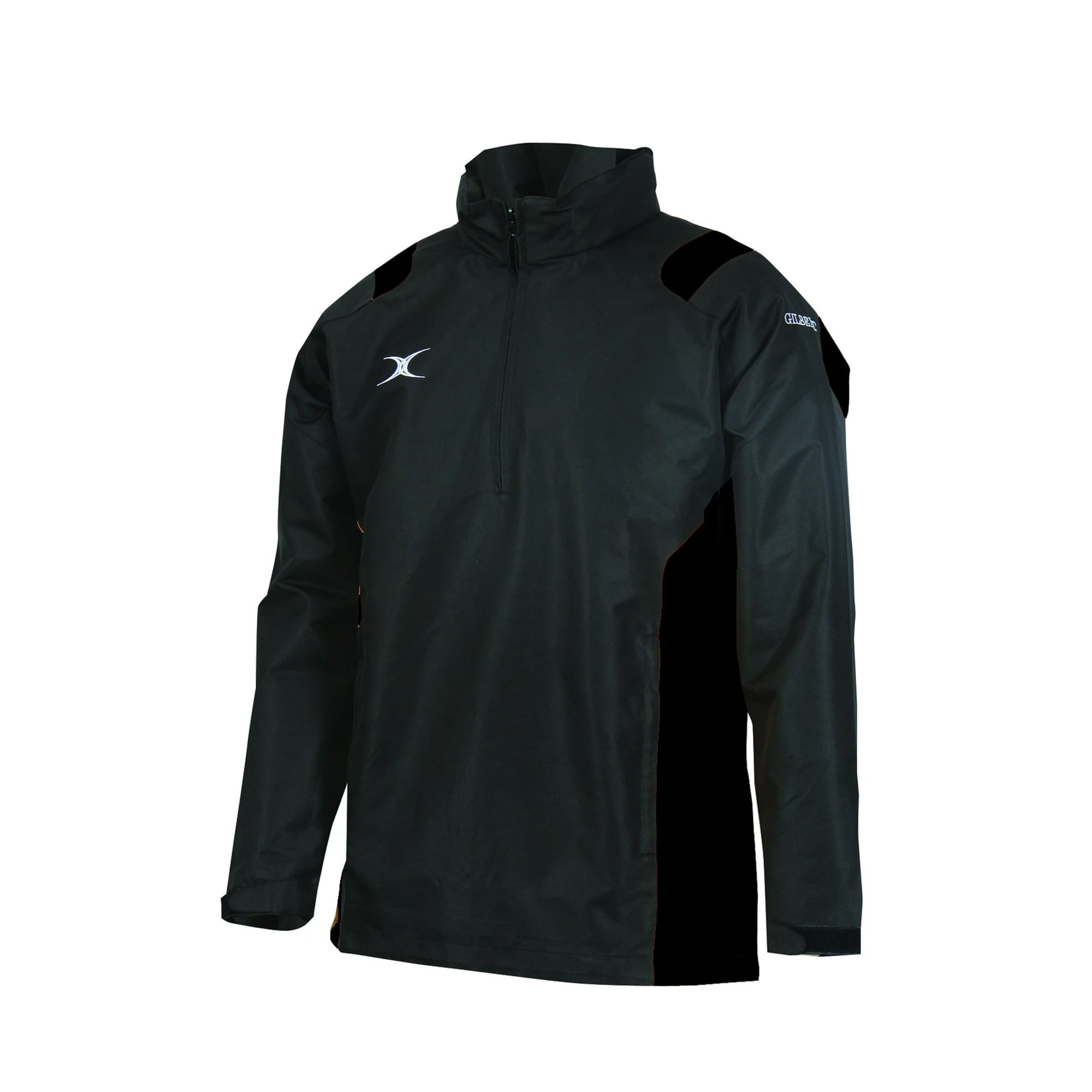 Black half-zip jacket for women by Gilbert Rugby, featuring a high collar, long sleeves, and contrasting black panels, made from a lightweight, water-resistant material.