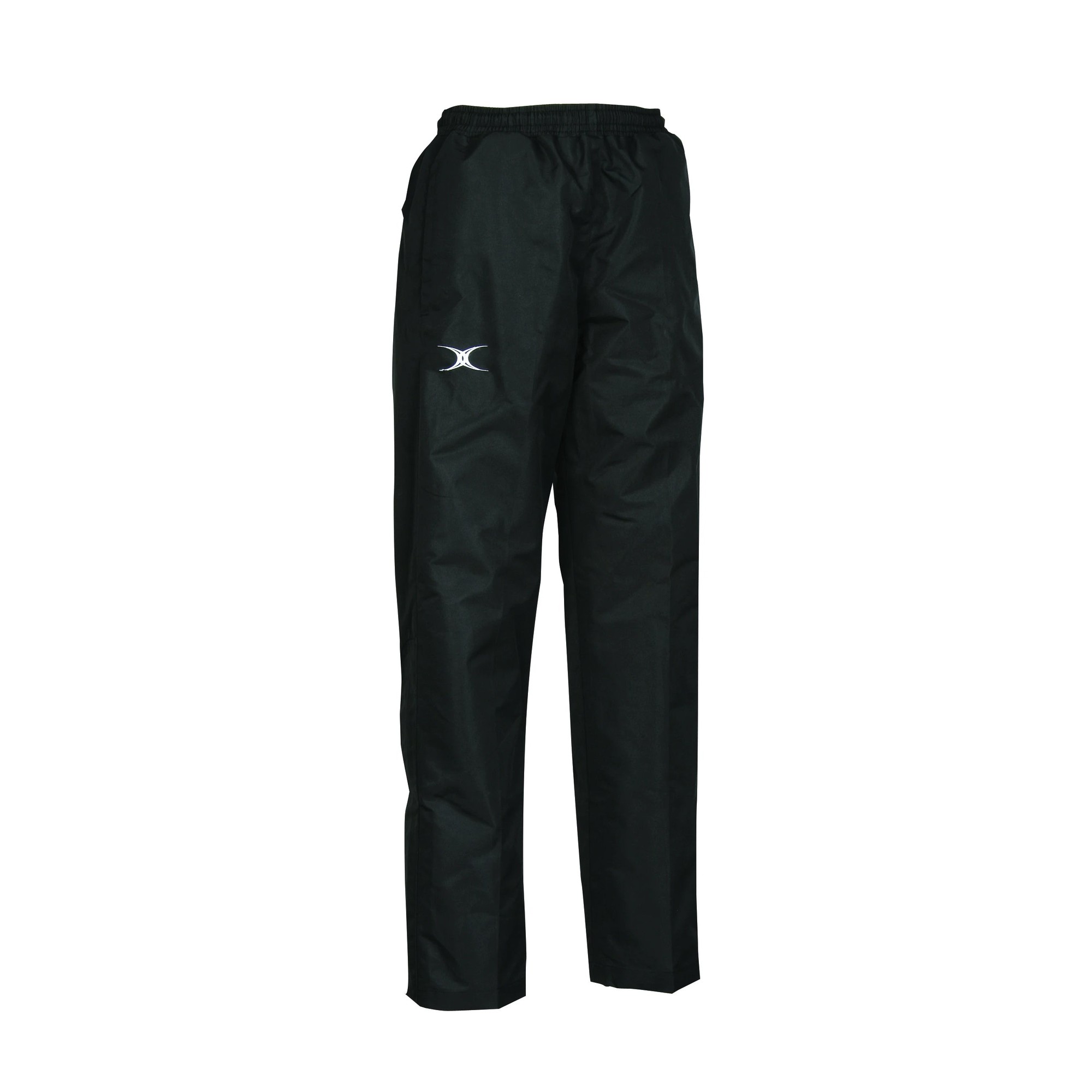 Black men's trousers by Gilbert Rugby, made from lightweight material, featuring an elastic waistband and the Gilbert logo on the left leg.