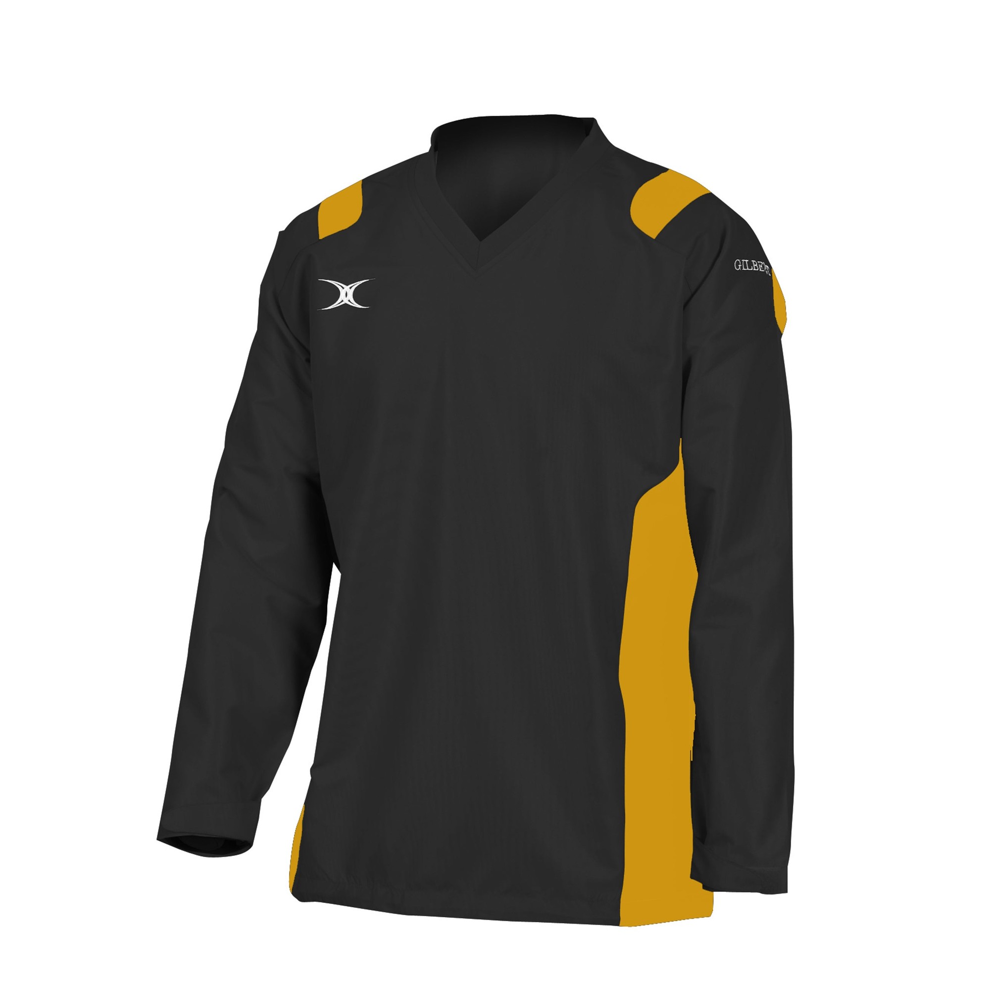 Black junior warm-up jacket by Gilbert Rugby featuring yellow shoulder accents and a V-neck design, made from lightweight, breathable material.