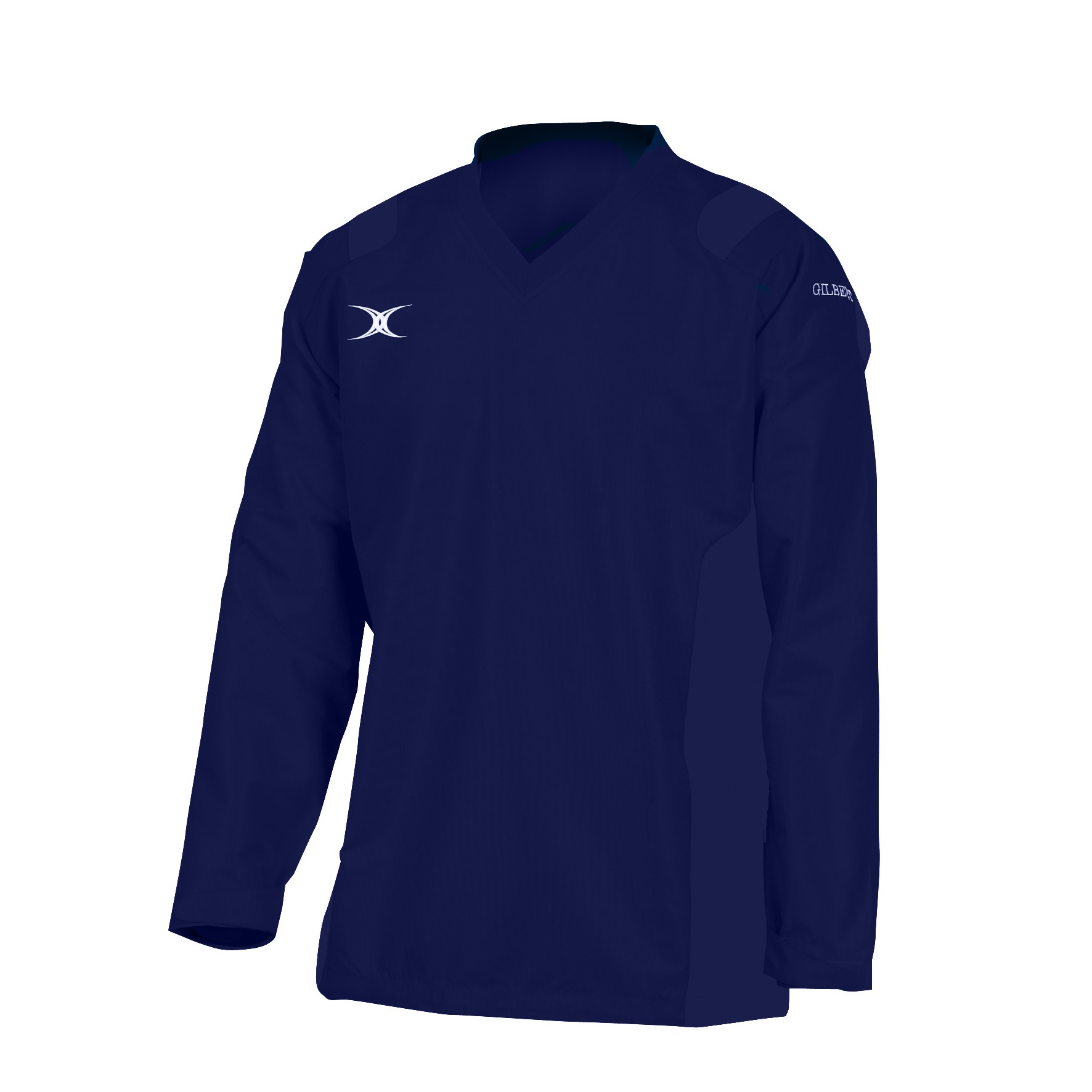 Black junior warm-up jacket by Gilbert Rugby featuring a V-neck, long sleeves, and shoulder padding for enhanced comfort and performance.