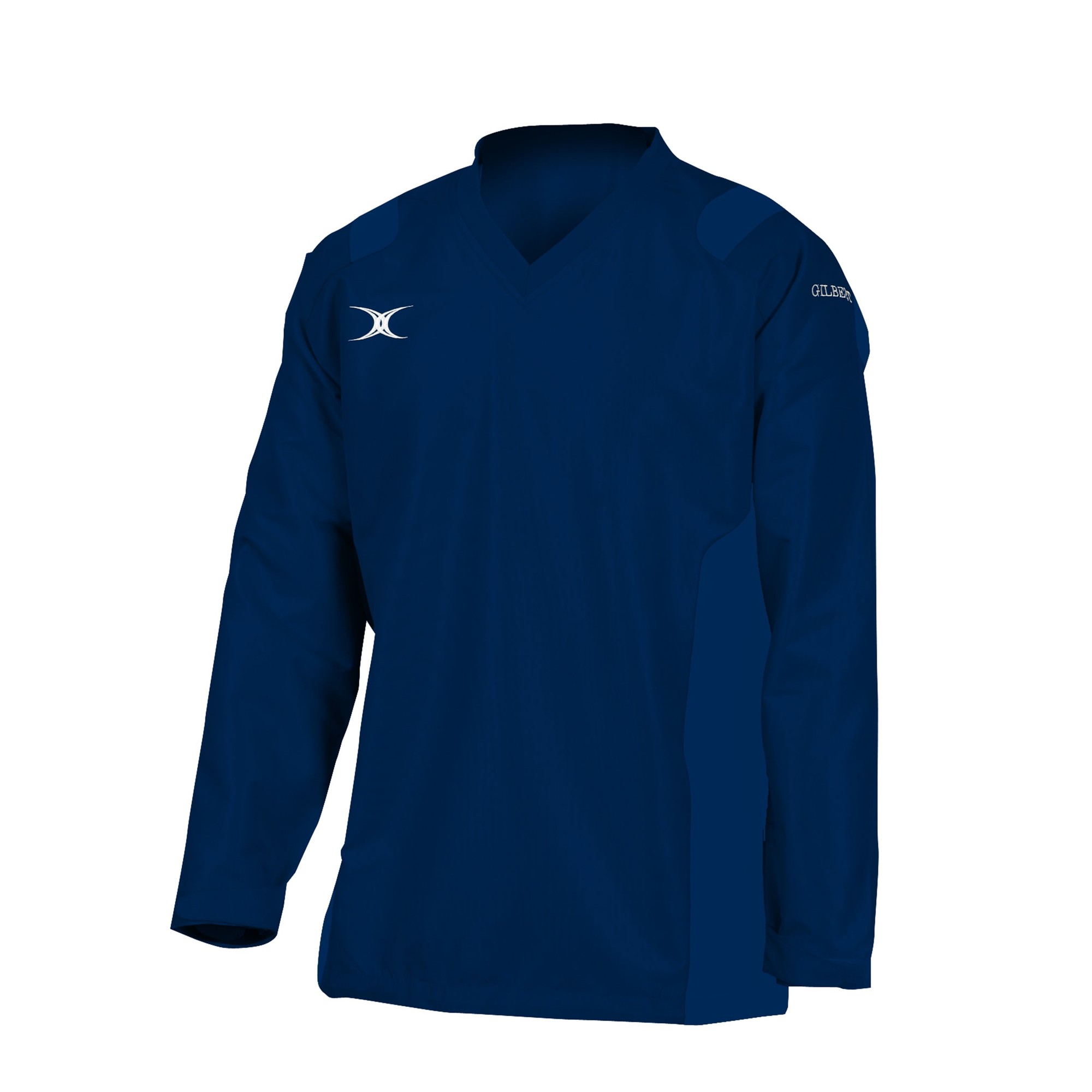 Black long-sleeve warm-up jacket for men by Gilbert Rugby, featuring a V-neck, shoulder panels, and the Gilbert logo on the sleeve.