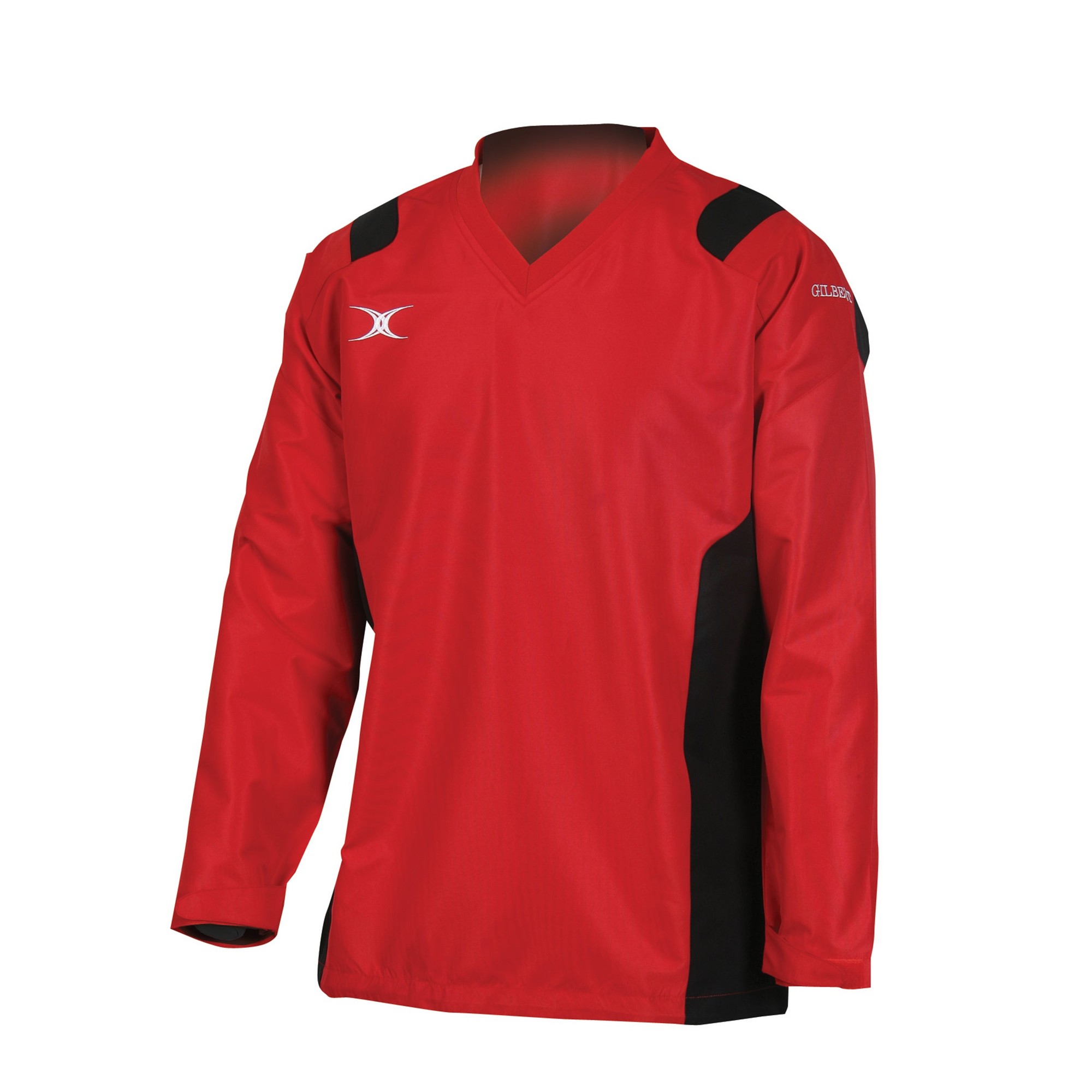 Black men's warm-up jacket by Gilbert Rugby, featuring a v-neck, long sleeves, and contrasting black side panels for a sporty look.