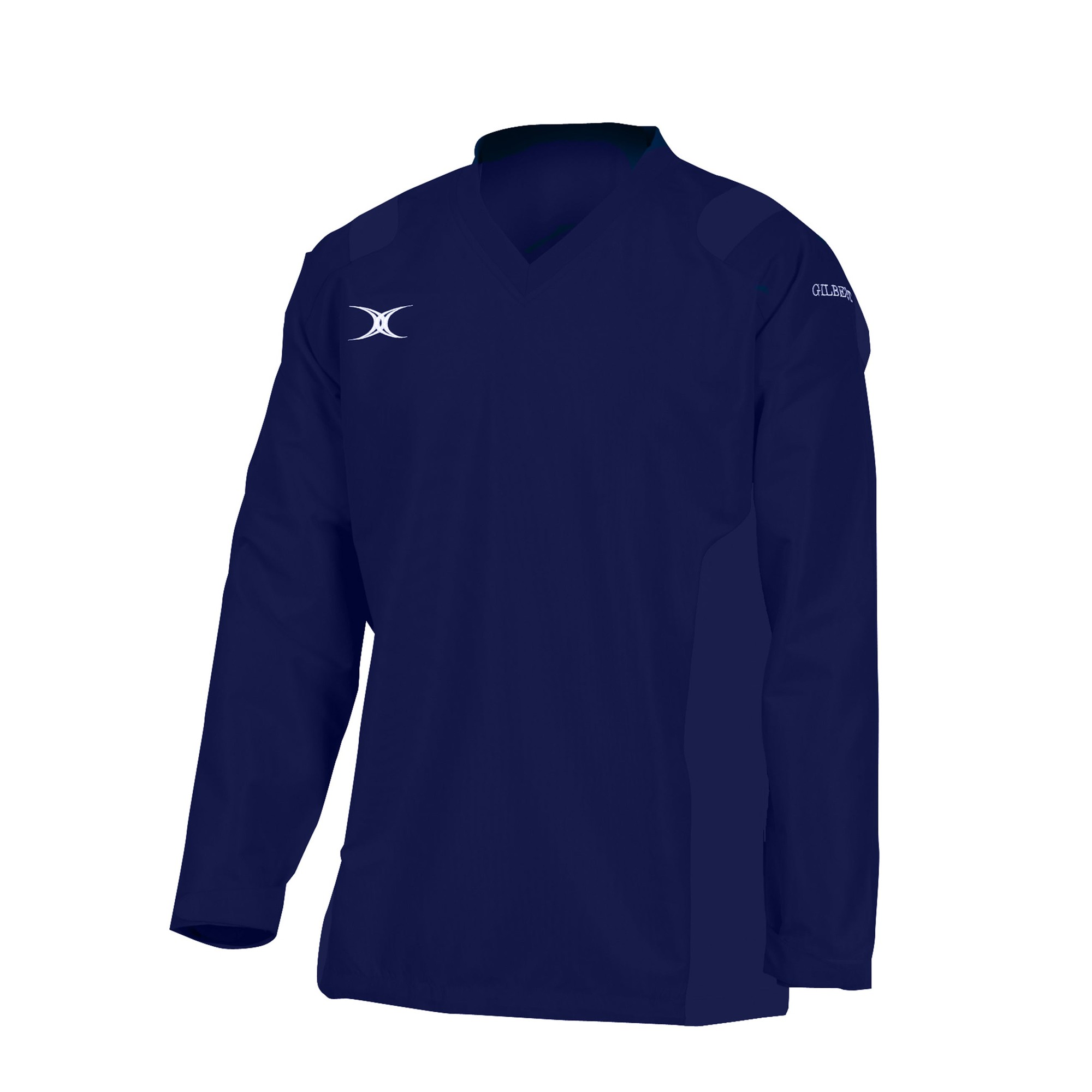 Black long-sleeve warm-up jacket for men by Gilbert Rugby, featuring a V-neck, shoulder padding, and the Gilbert logo on the sleeve.