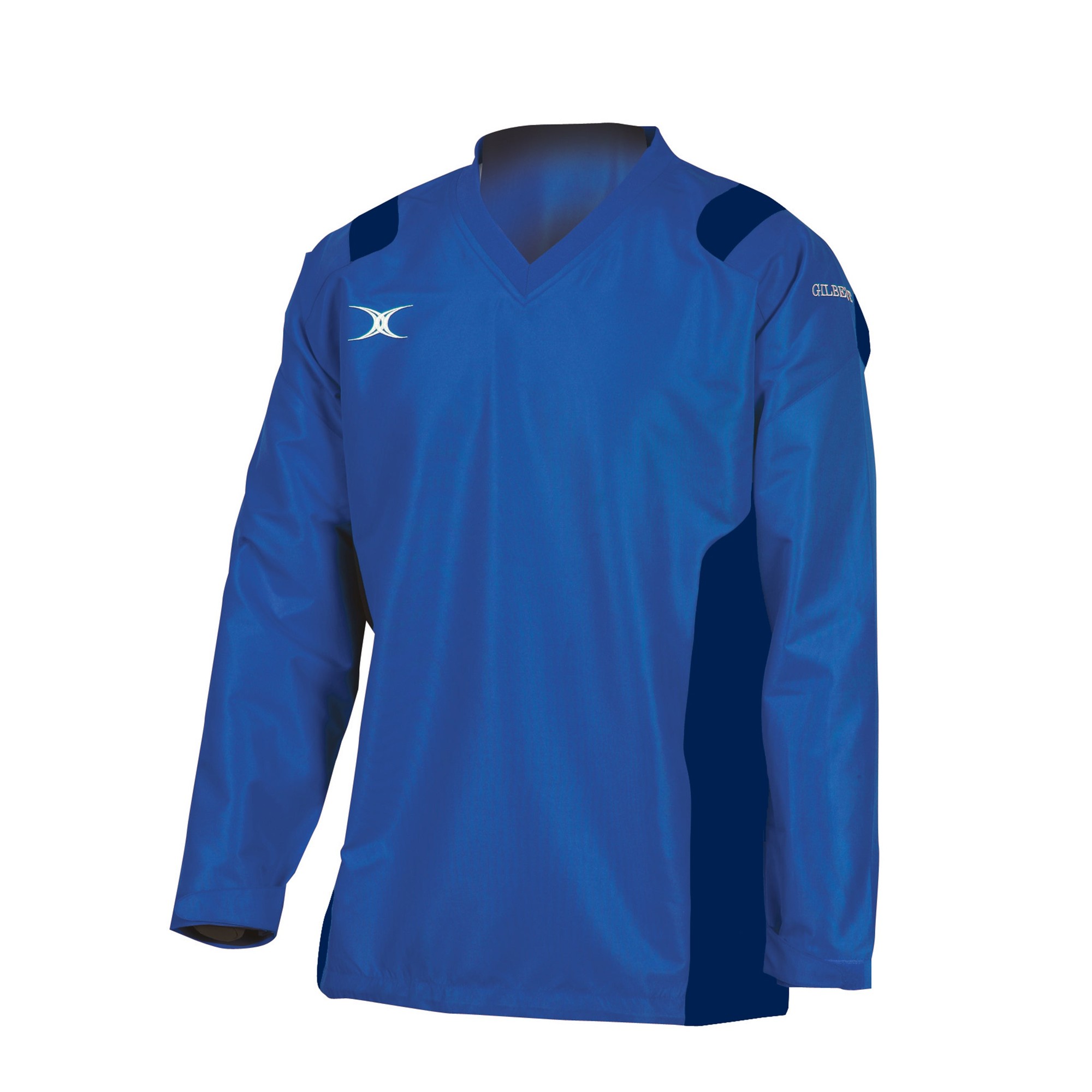 Black men's warm-up jacket by Gilbert Rugby, featuring a V-neck, long sleeves, and contrasting blue side panels with the brand logo on the shoulder.