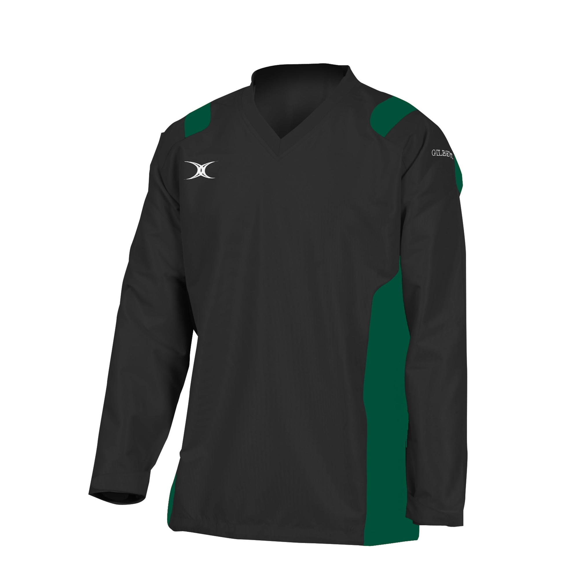 Black long-sleeve warm-up jacket with green accents, featuring a V-neck, lightweight material, and the Gilbert Rugby logo on the sleeve.