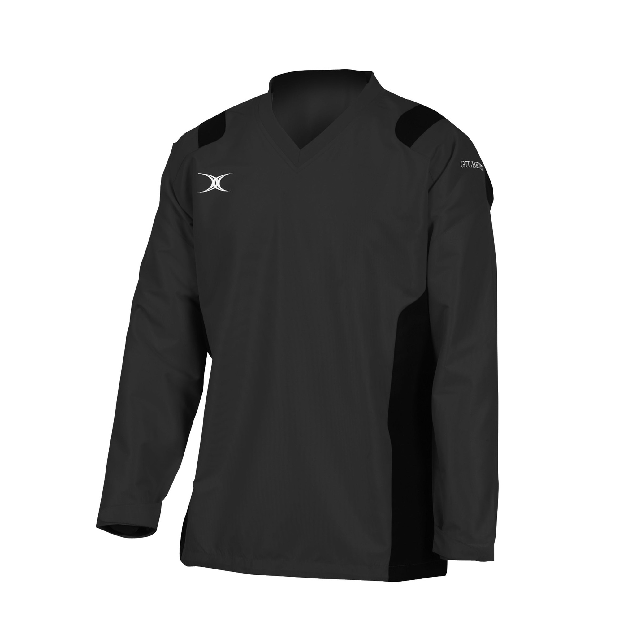 Black long-sleeve warm-up jacket for men by Gilbert Rugby, featuring a V-neck, contrasting black side panels, and the Gilbert logo on the shoulder.