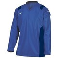 Black men's warm-up jacket by Gilbert Rugby, featuring a v-neck, long sleeves, and contrasting blue side panels, made from lightweight, breathable material.