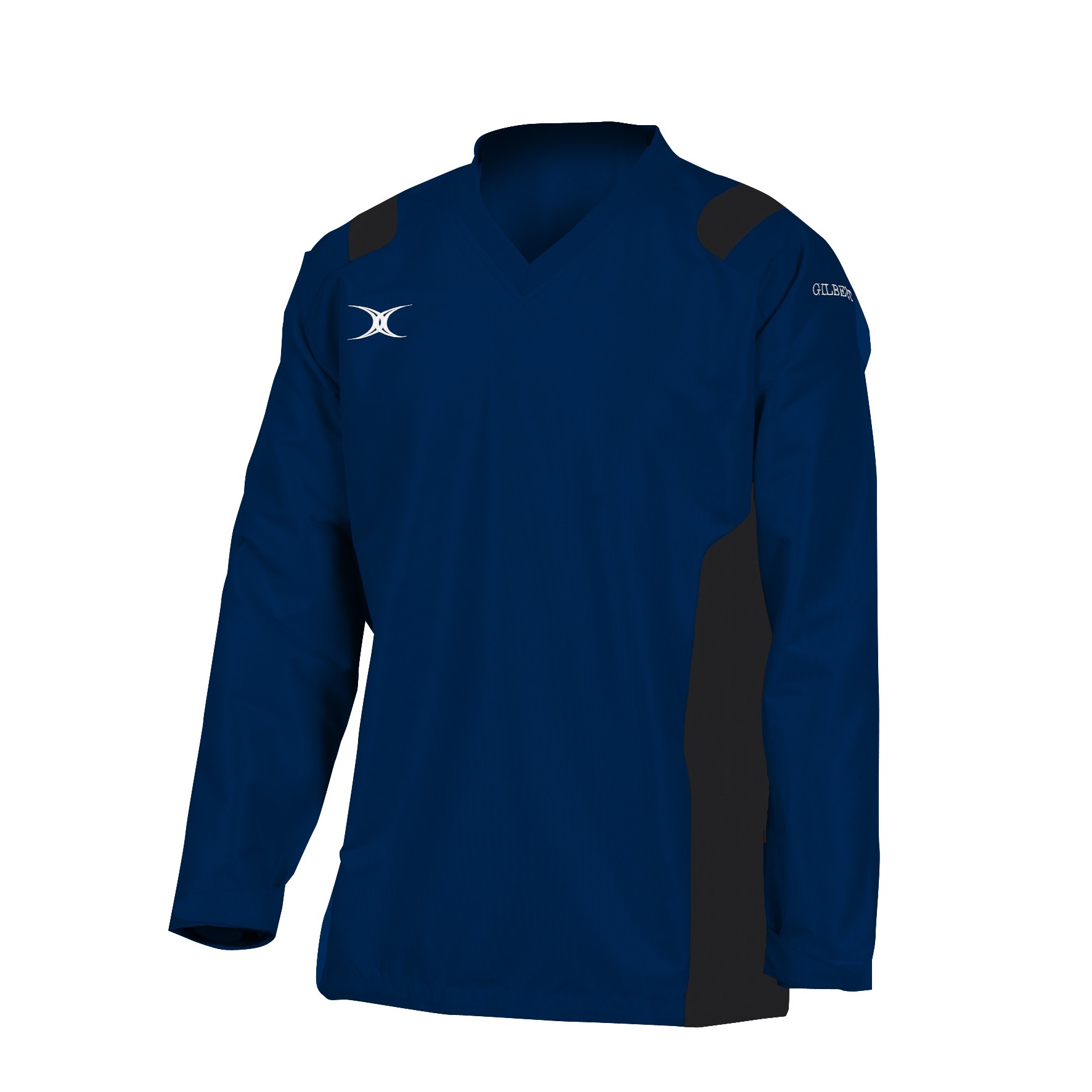 Men's black Gilbert Rugby Revolution warm-up jacket featuring a V-neck, long sleeves, and contrasting black side panels for a sporty look.