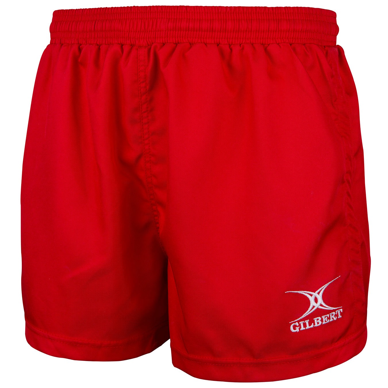 Black junior match shorts by Gilbert Rugby, featuring an elastic waistband and the Gilbert logo embroidered in white on the lower left side.