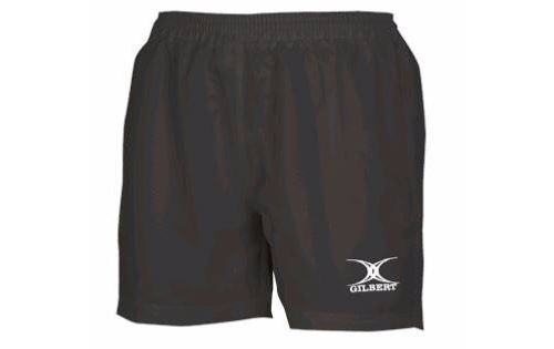 Black rugby match shorts for men by Gilbert Rugby, featuring an elastic waistband and the Gilbert logo in white on the left leg.