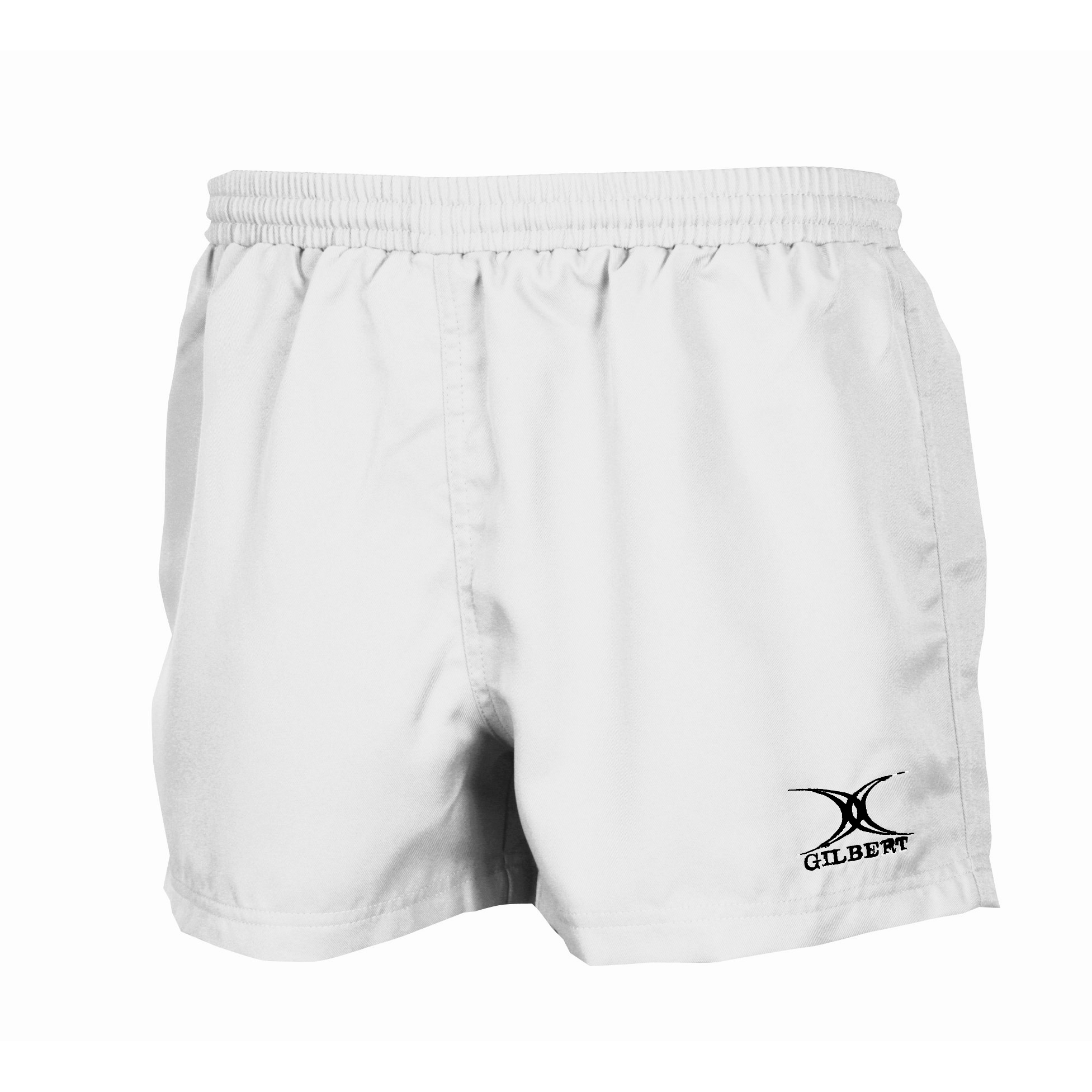 Black men's rugby match shorts by Gilbert Rugby, featuring an elastic waistband and the Gilbert logo on the lower left side, made from durable, lightweight material.