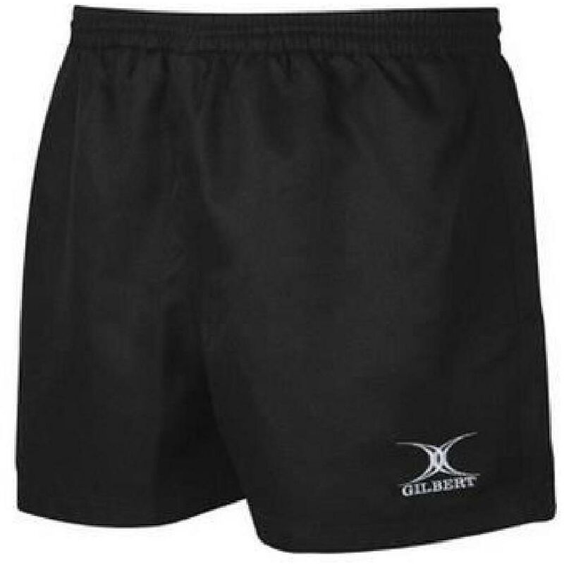Black rugby match shorts for men by Gilbert Rugby, featuring an elastic waistband and the Gilbert logo on the lower right side.