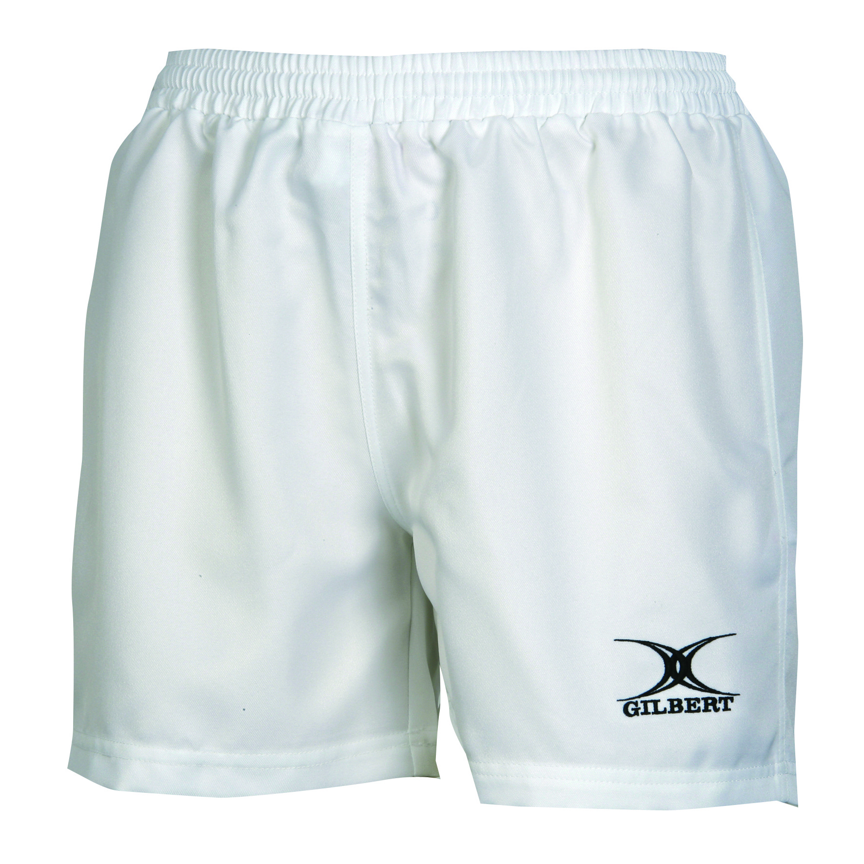 Black women's rugby match shorts by Gilbert Rugby, featuring an elastic waistband, lightweight material, and the Gilbert logo on the left leg.