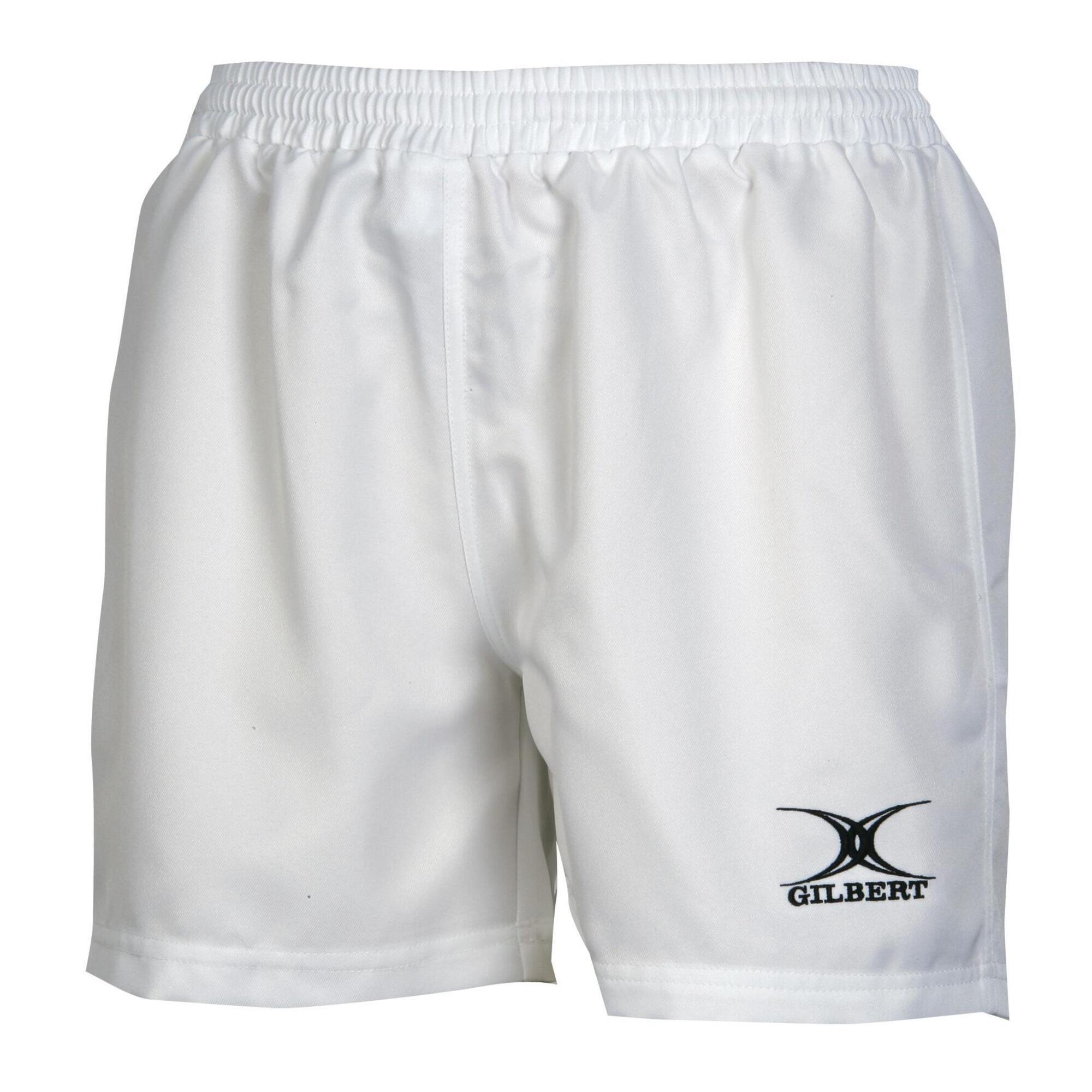 Black women's rugby match shorts by Gilbert Rugby, featuring an elastic waistband and the Gilbert logo in black on the lower left side.
