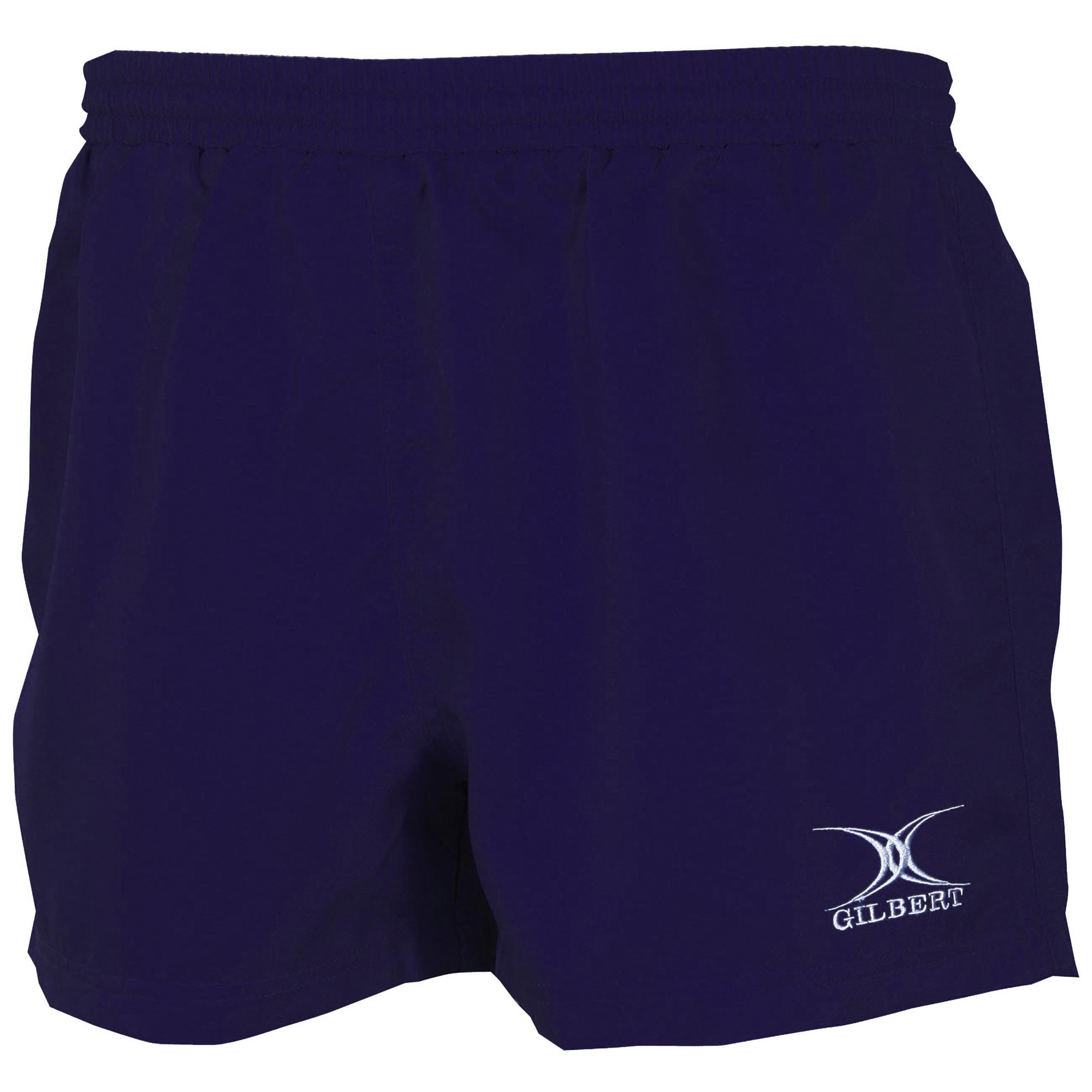 Black junior match shorts by Gilbert Rugby, featuring an elastic waistband and the Gilbert logo in white on the lower left side.