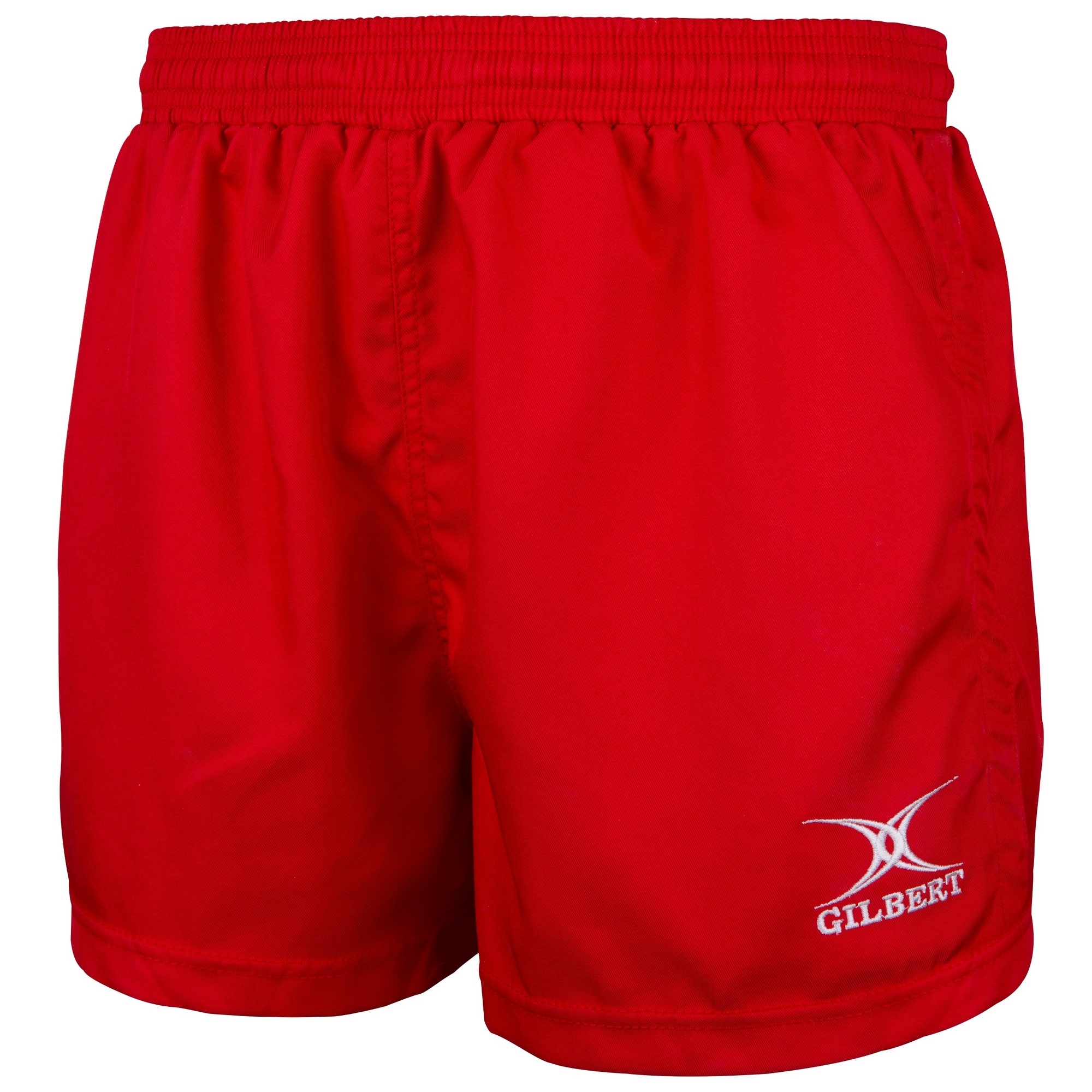 Black junior rugby match shorts by Gilbert Rugby, made from lightweight material, featuring an elastic waistband and the Gilbert logo embroidered on the side.