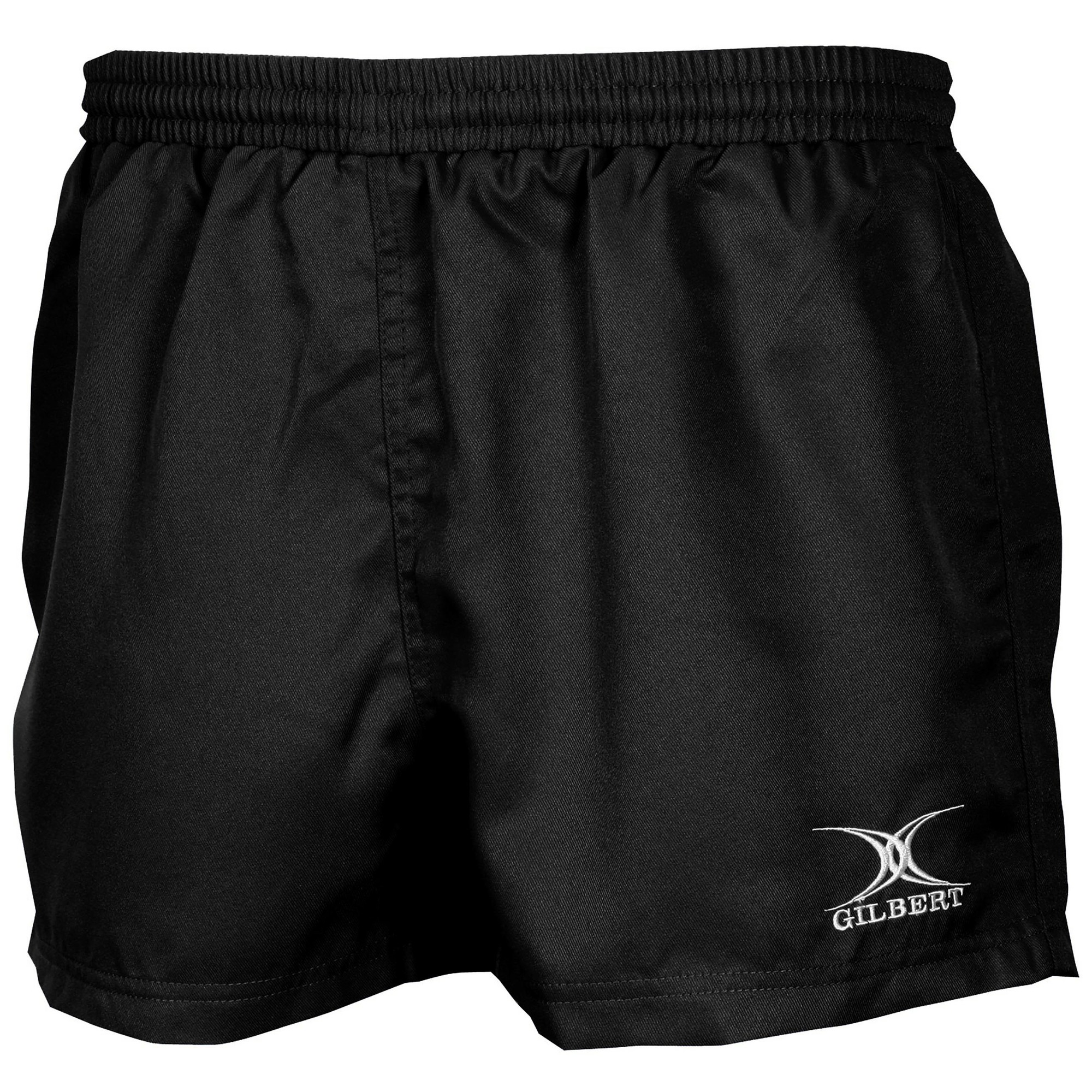 Black rugby match shorts made from lightweight material, featuring an elastic waistband and the Gilbert logo embroidered in white on the lower left side.