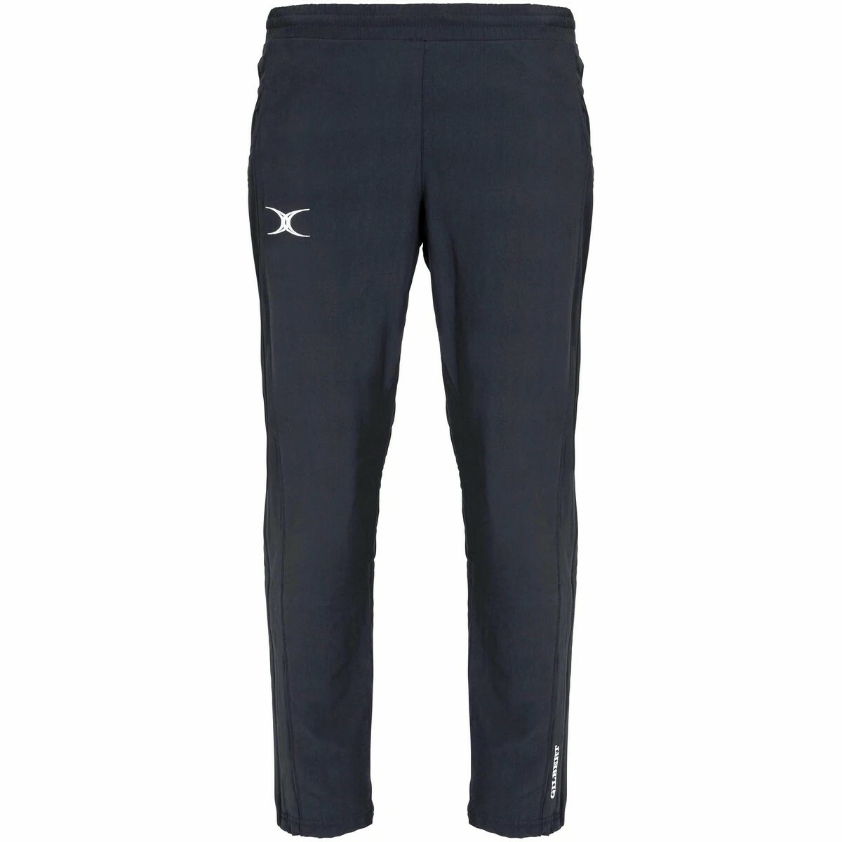 Black Gilbert Rugby Synergie II trousers for men, featuring a sleek design, elastic waistband, side stripes, and the Gilbert logo on the left thigh.