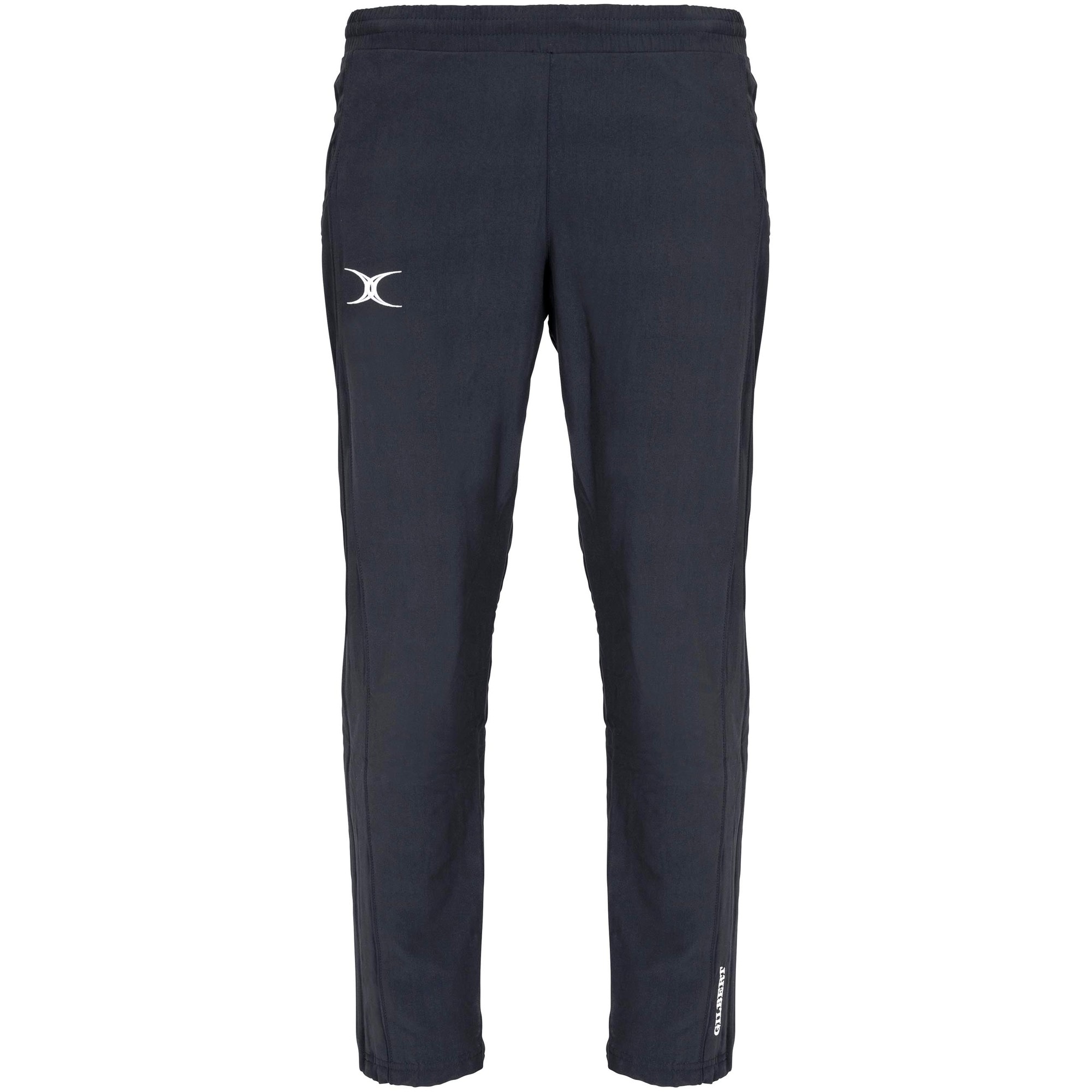 Black Gilbert Rugby Synergie II trousers for men, featuring a sleek design, elastic waistband, and subtle logo detailing on the left thigh and lower leg.