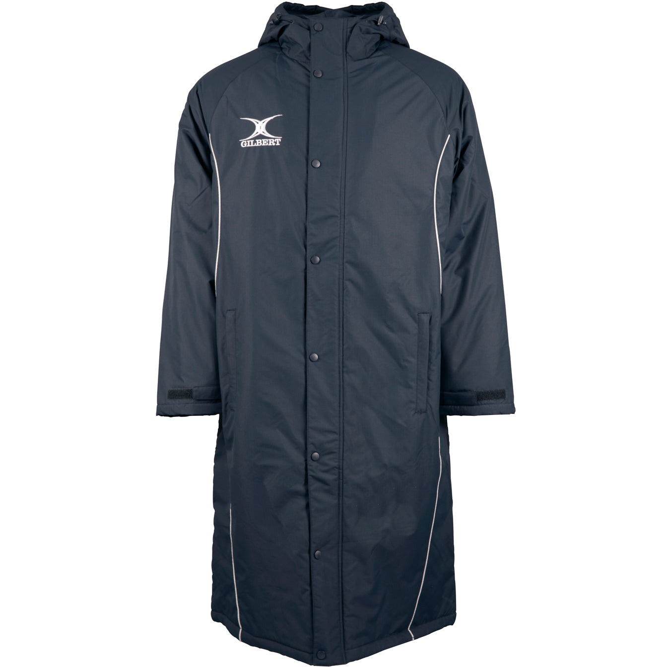 Black waterproof sub jacket by Gilbert Rugby, featuring a hood, snap button closure, and white piping along the sides for added visibility and style.