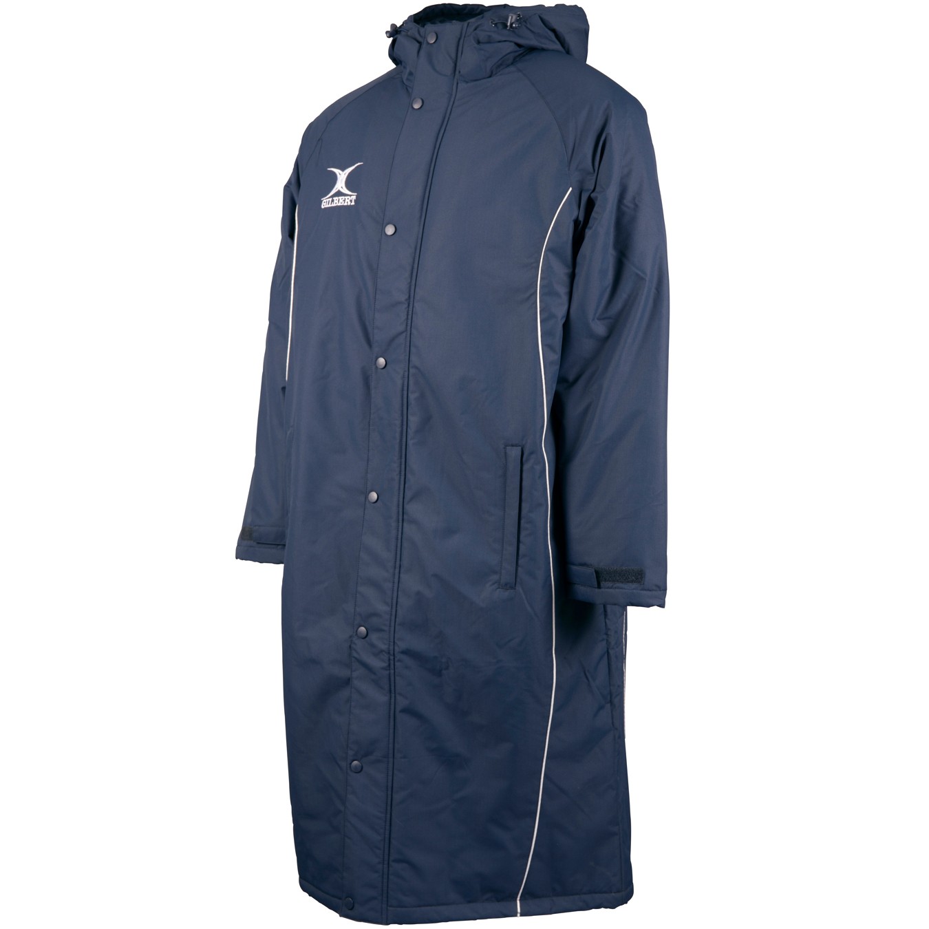 Black Gilbert Rugby Touchline Sub Jacket featuring a hood, zip and snap closure, side pockets, and white piping details along the sides.