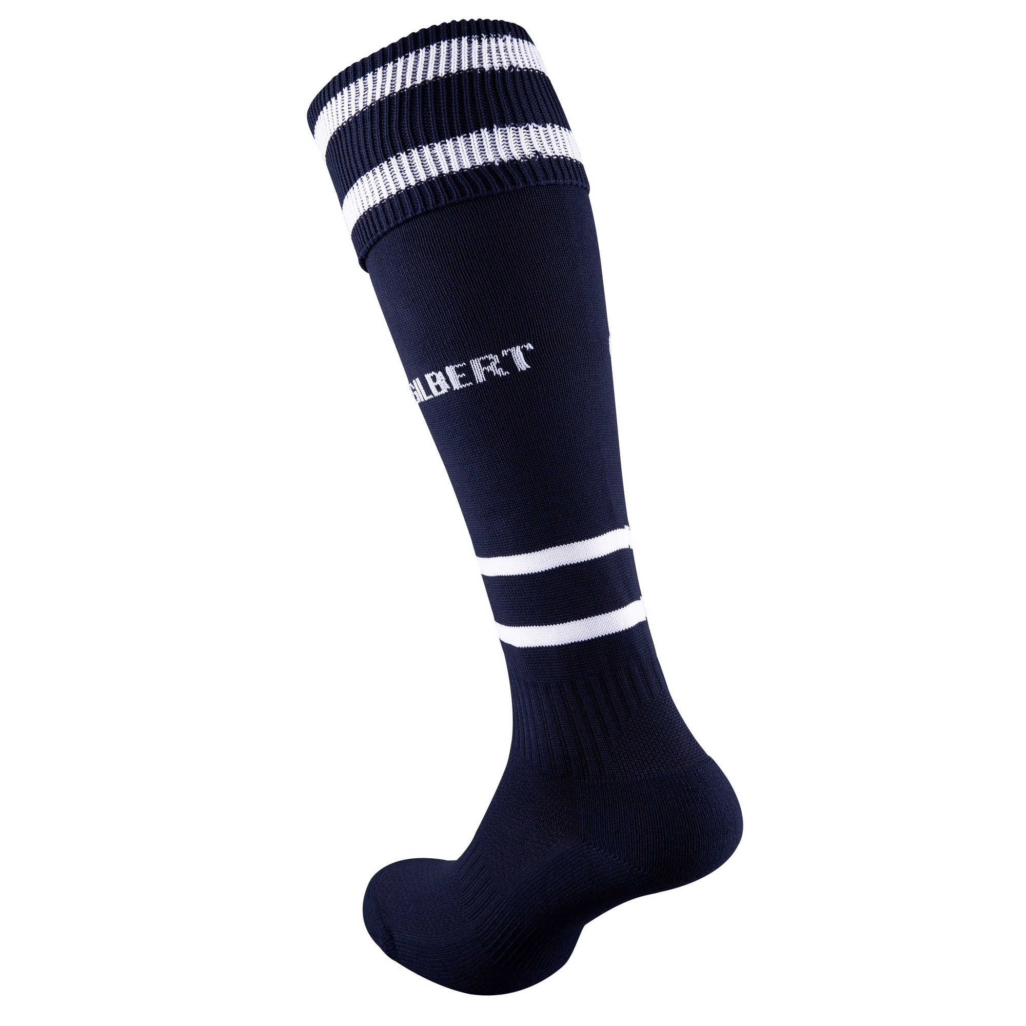 Black rugby socks featuring white stripes at the top and mid-calf, with "GILBERT" logo prominently displayed in white on the side. Made from durable, stretchy material.