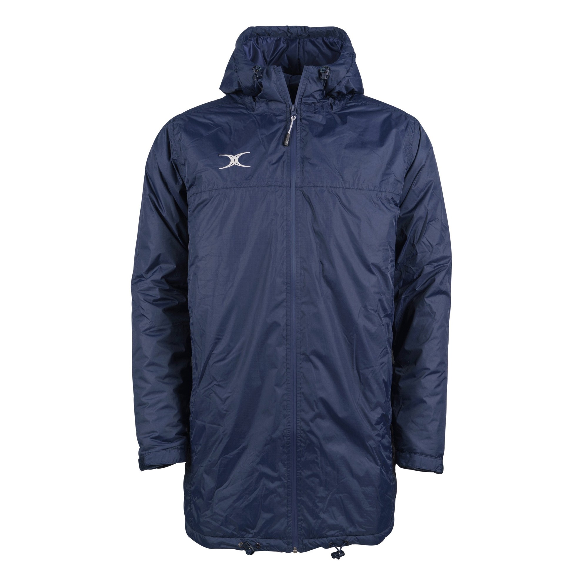 Black junior all-weather jacket by Gilbert Rugby featuring a hood, zip closure, and lightweight, water-resistant material, designed for comfort and durability during outdoor activities.