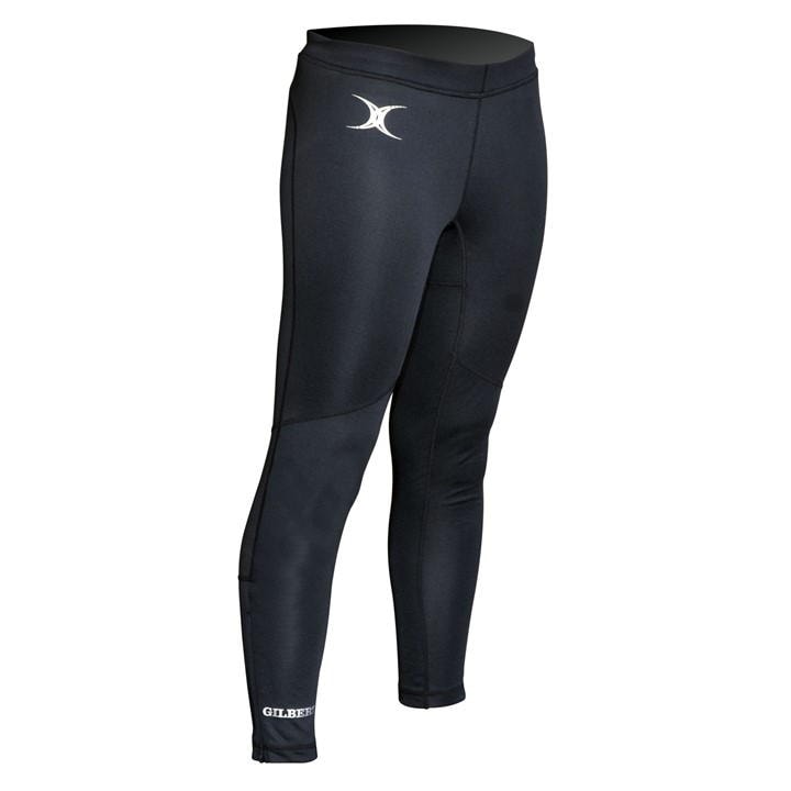 Black women's leggings by Gilbert Rugby, featuring a snug fit, smooth material, and the Gilbert logo on the lower leg, designed for comfort and performance in sports.