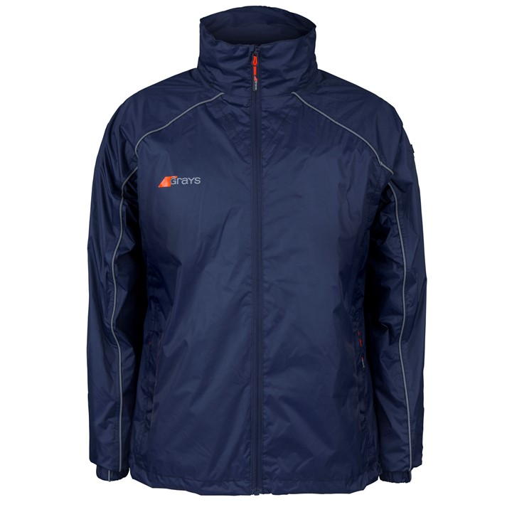 Navy blue waterproof jacket featuring a high collar, zippered front, and reflective detailing, with the "Grays" logo on the chest and contrasting orange accents.