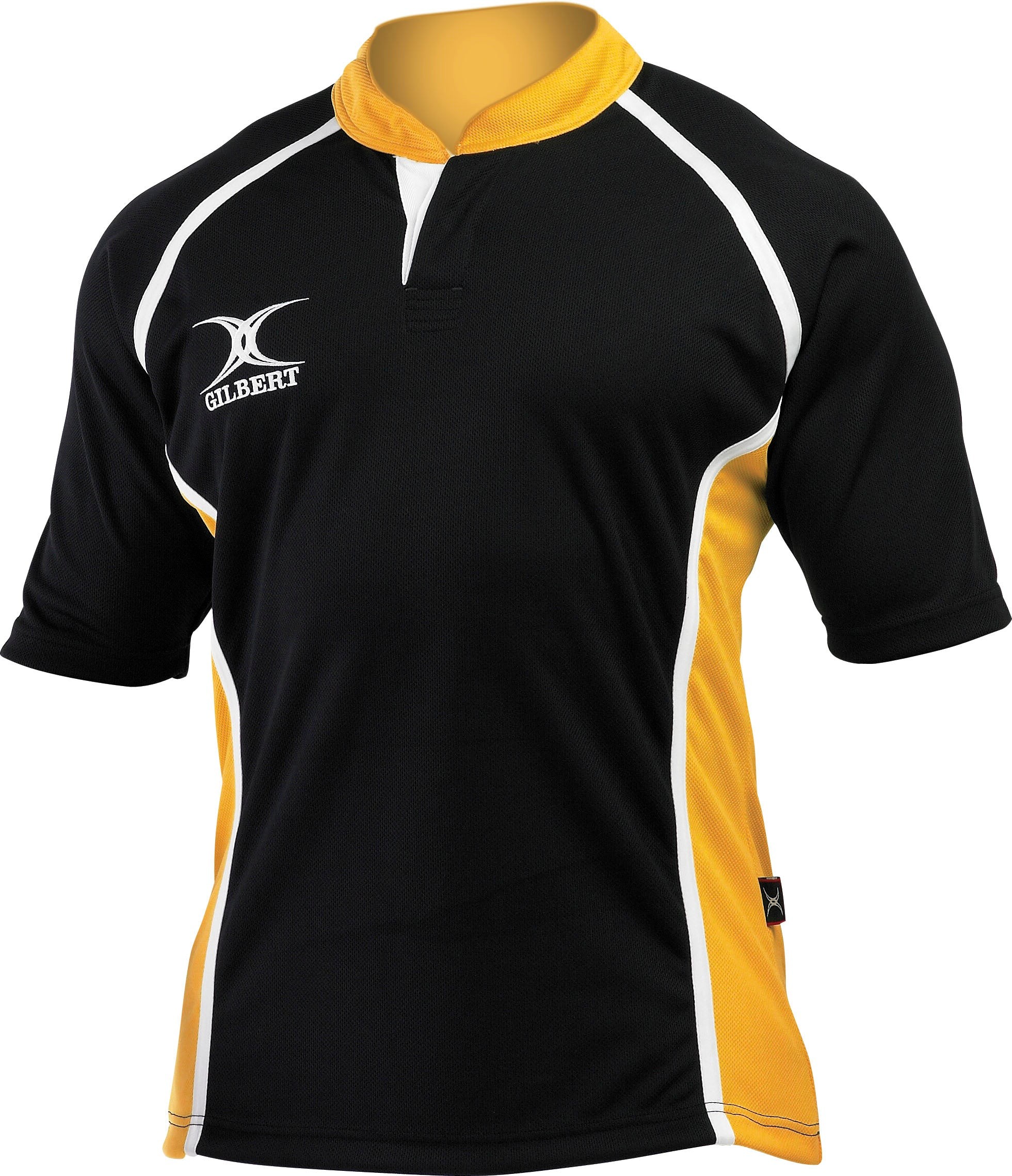 Black junior rugby match shirt with yellow side panels and white piping, featuring a collar and the Gilbert logo on the chest.