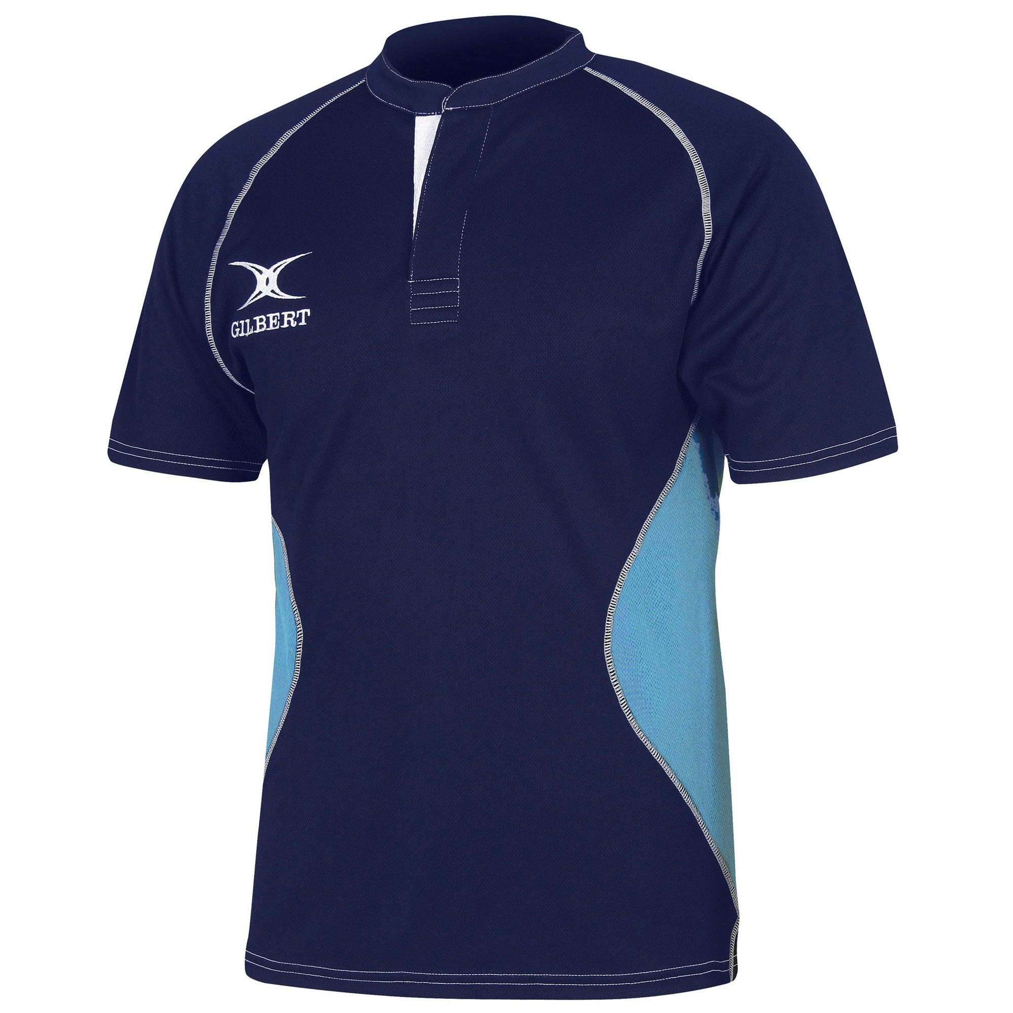 Black and green Gilbert Rugby XACT V2 Match Shirt for seniors, featuring a collar, short sleeves, and contrasting side panels, made from breathable material.
