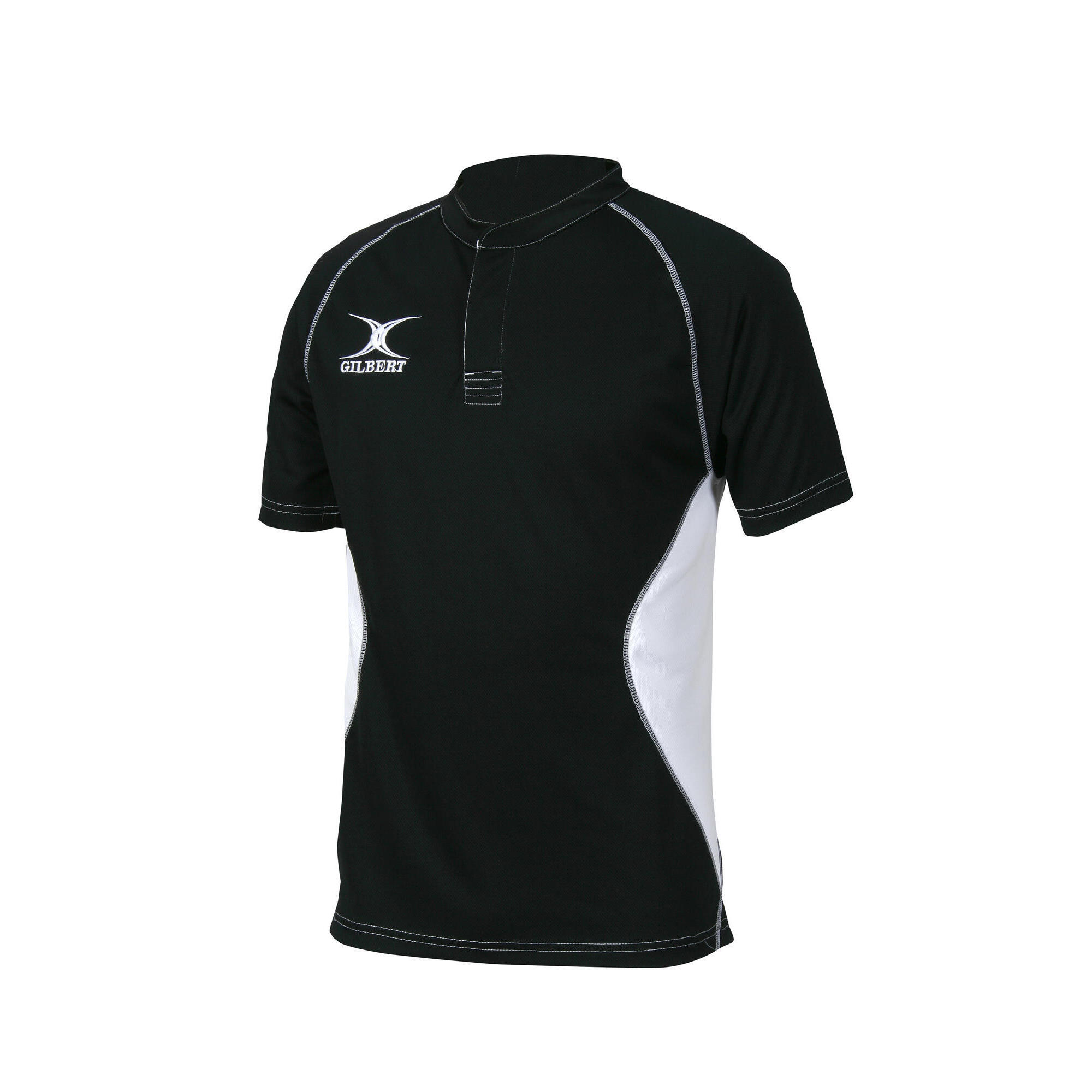 Black and green Gilbert Rugby XACT V2 Match Shirt featuring a collar, short sleeves, and contrasting white side panels, made from breathable material for comfort during play.