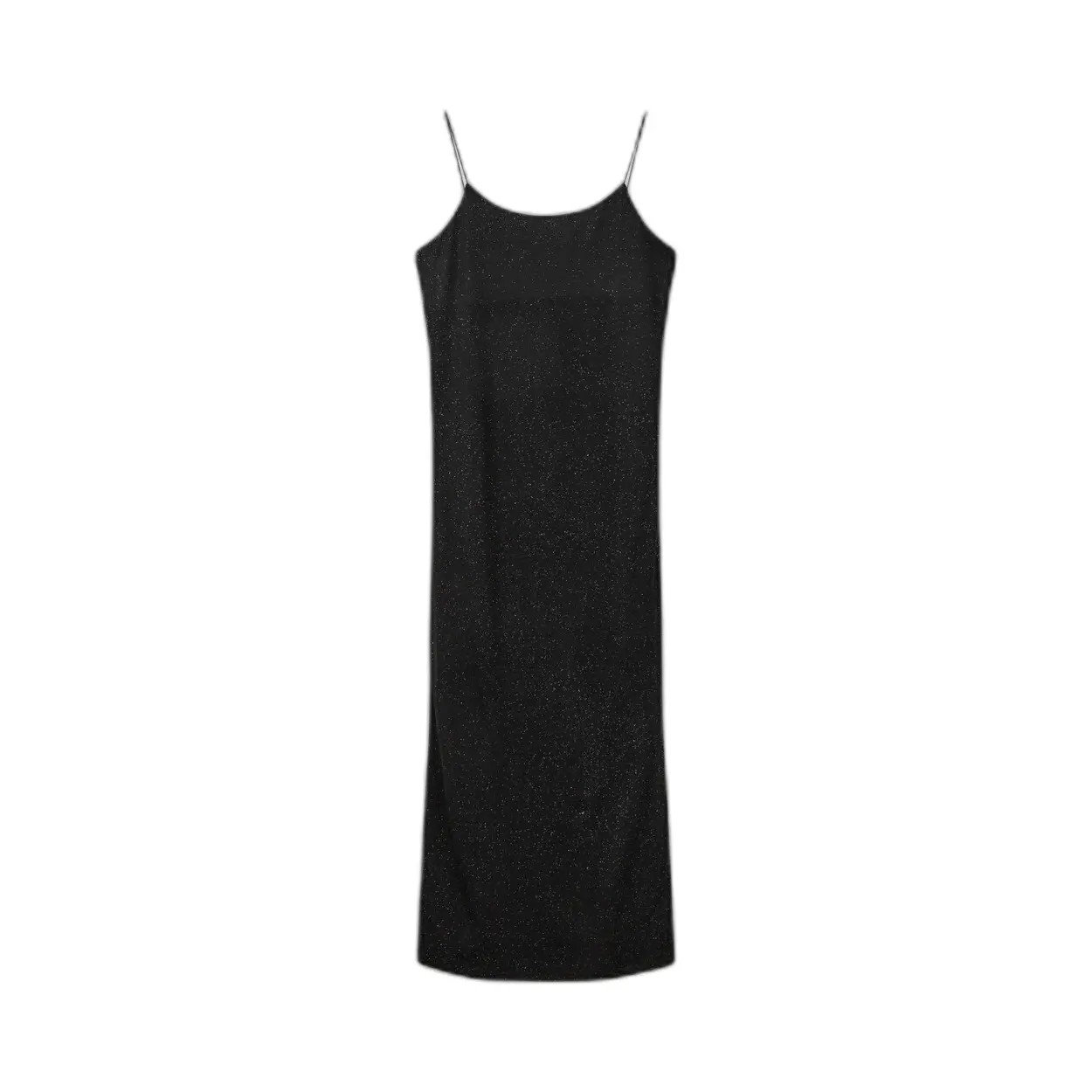 Black girl's dress by Sofie Schnoor, featuring thin spaghetti straps and a sleek, fitted silhouette with a subtle shimmer throughout the fabric.