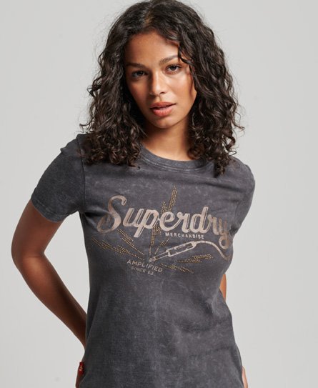Fitted girl's T-shirt in dark gray with a vintage Superdry logo in gold, featuring a soft, worn-in look and short sleeves.