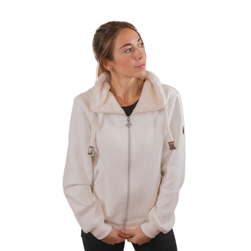 Full-zip hooded sweatshirt in cream with a textured knit pattern, featuring a soft, plush-lined collar and adjustable straps on the shoulders.