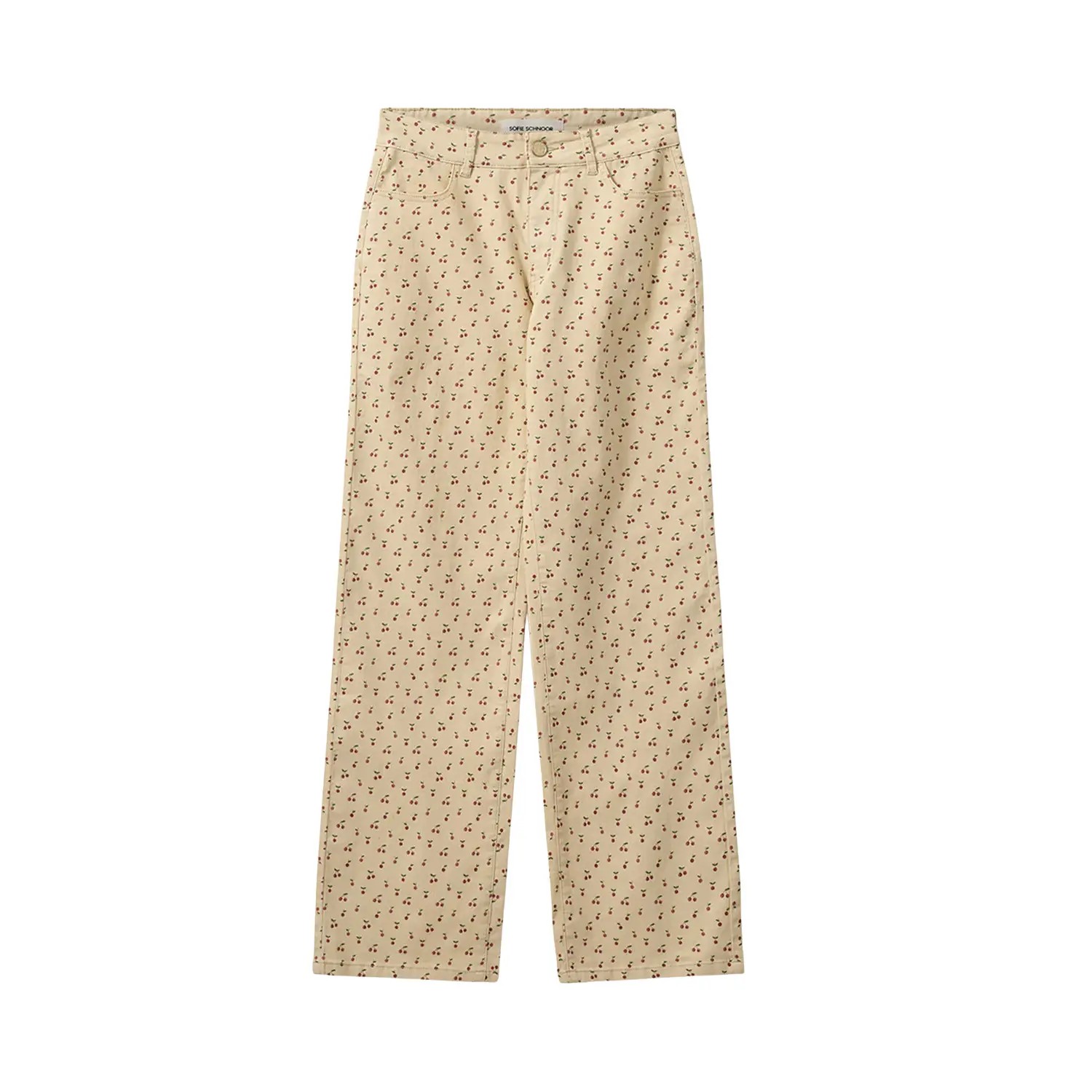 Light beige relaxed jeans featuring a subtle all-over floral print in dark red, crafted from soft cotton for comfort and style.