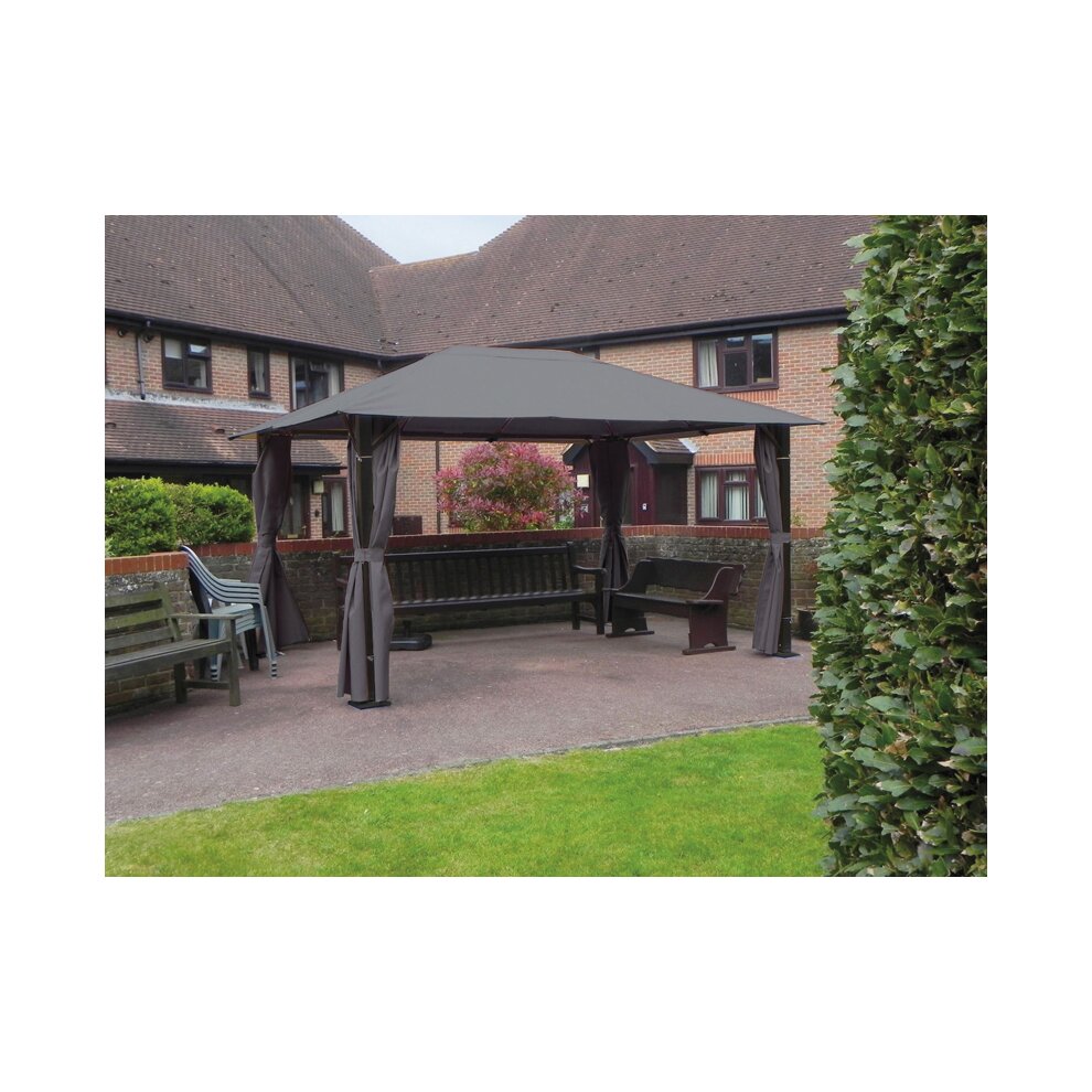 Grey Glendale Highfield gazebo measuring 4 x 3m, featuring a sturdy frame, a sloped roof, and draped side curtains, set in a landscaped outdoor area.