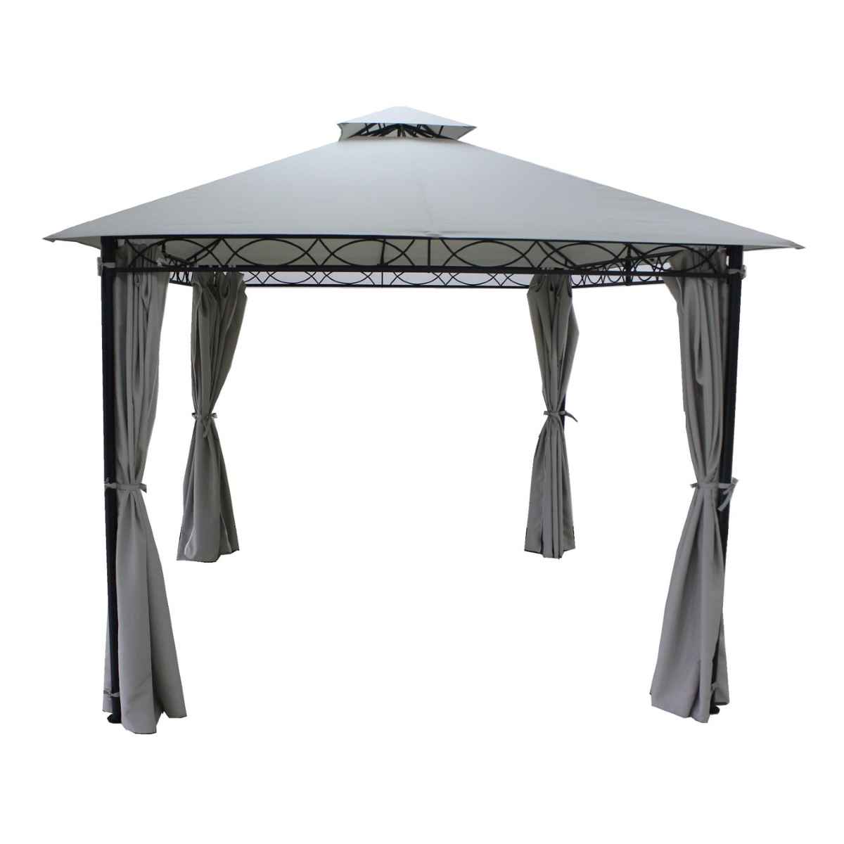 Grey 3x3m gazebo with a peaked roof, featuring a sturdy metal frame and flowing grey curtains tied back on each side for an elegant outdoor shelter.