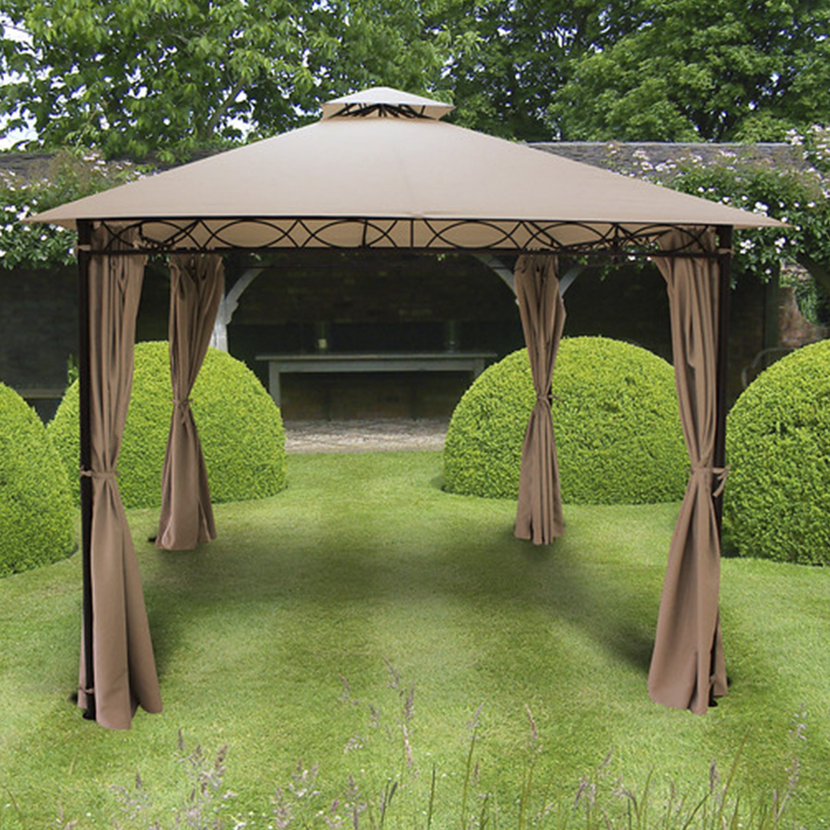 Glendale Marco-Polo gazebo in mocha brown, featuring a spacious 3x3m design with a peaked roof, draped curtains, and a sturdy metal frame, set in a garden with trimmed hedges.