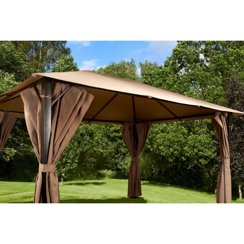 Mocha brown 2.5m x 2.5m gazebo by Glendale features a sturdy frame, a sloped roof, and flowing curtains, set against a lush green backdrop.