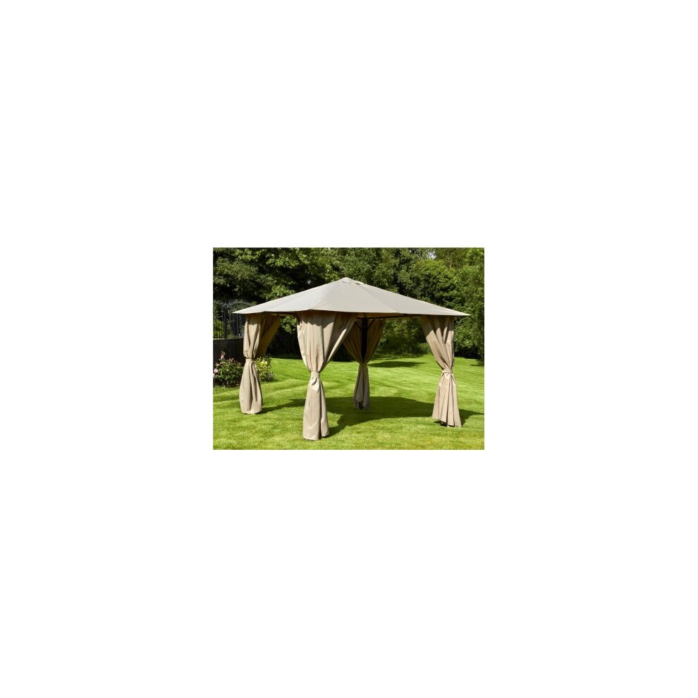 Mocha brown 3x3m gazebo with a sturdy frame, featuring draped curtains and a sloped roof, set against a green lawn backdrop.