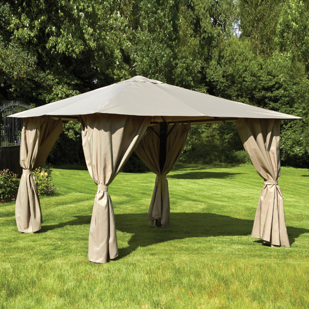 Mocha brown Glendale Venice gazebo measuring 3x4m, featuring a peaked roof, draped fabric sides, and sturdy posts, set on a grassy outdoor area.