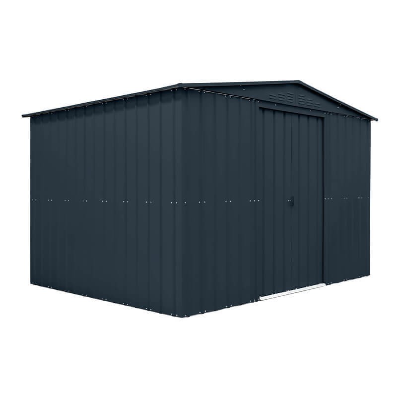 10' x 8' anthracite grey metal shed with a sloped apex roof, featuring vertical paneling and a single door for easy access.