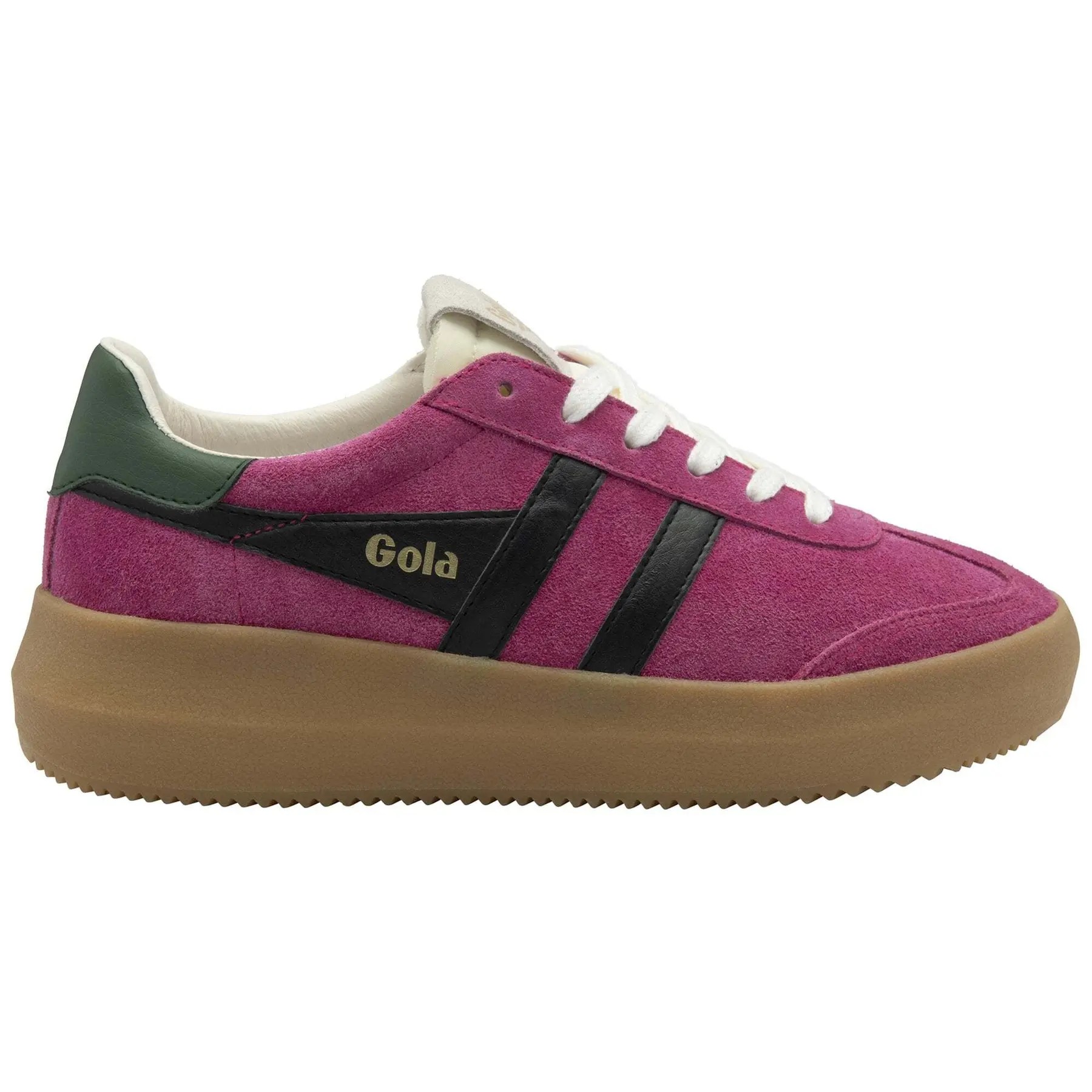 Fuchsia suede trainers with black stripes and a green heel cap, featuring a chunky gum sole and white laces, branded with "Gola" in gold.