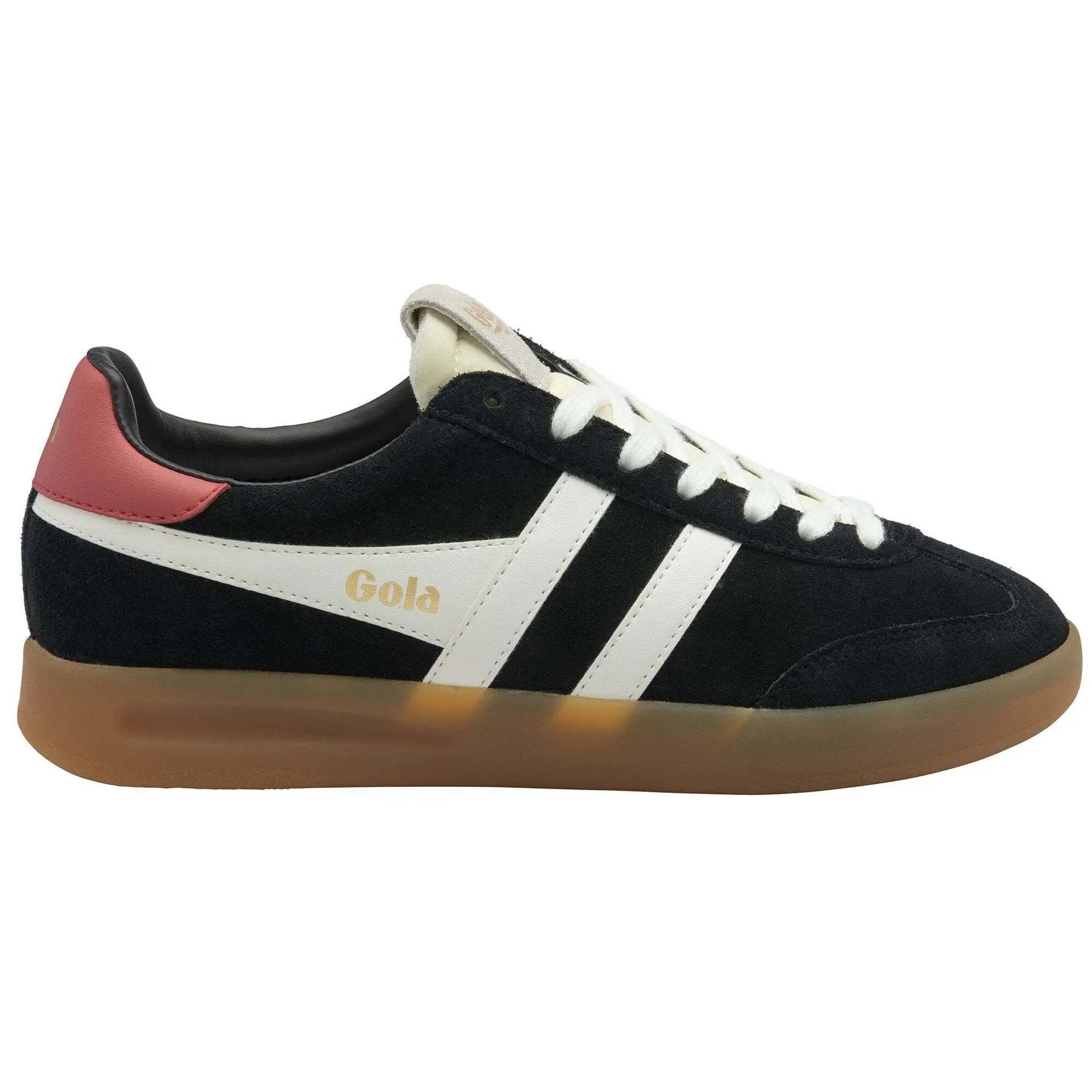 Women's Gola Cyclone trainers featuring a black suede upper, white leather stripes, a red heel tab, and a translucent gum sole.