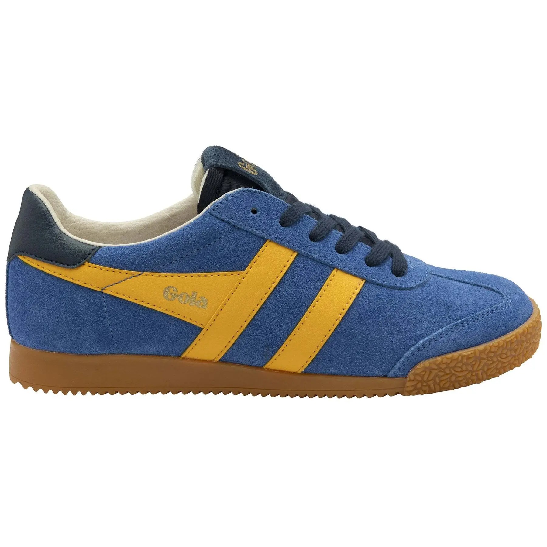Gola Elan trainers in sapphire blue suede with sun yellow stripes, navy accents, and a textured rubber sole, featuring a classic retro design.