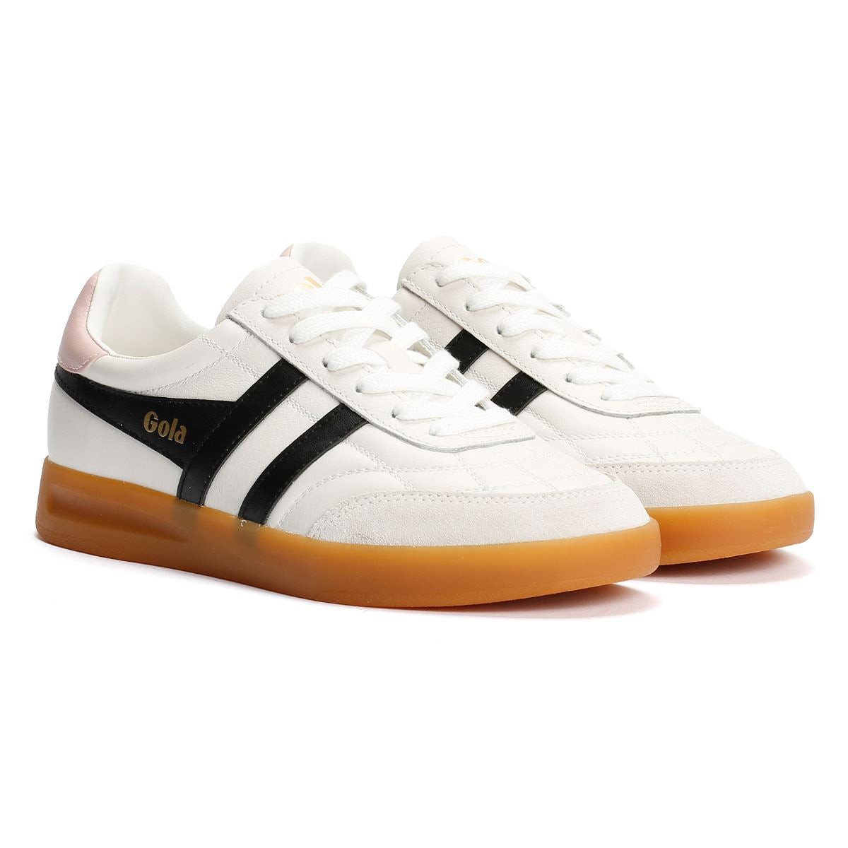 White leather trainers with black stripes and chalk pink accents, featuring a gum sole and Gola branding on the side.