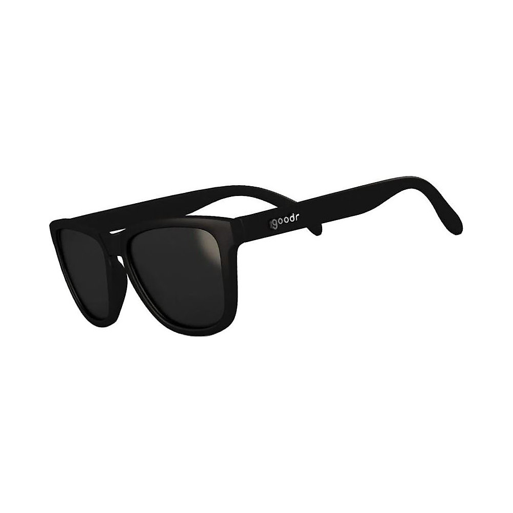 Black classic frame sunglasses with a matte finish, featuring dark lenses and the "goodr" logo on the arm, designed for a stylish, sporty look.