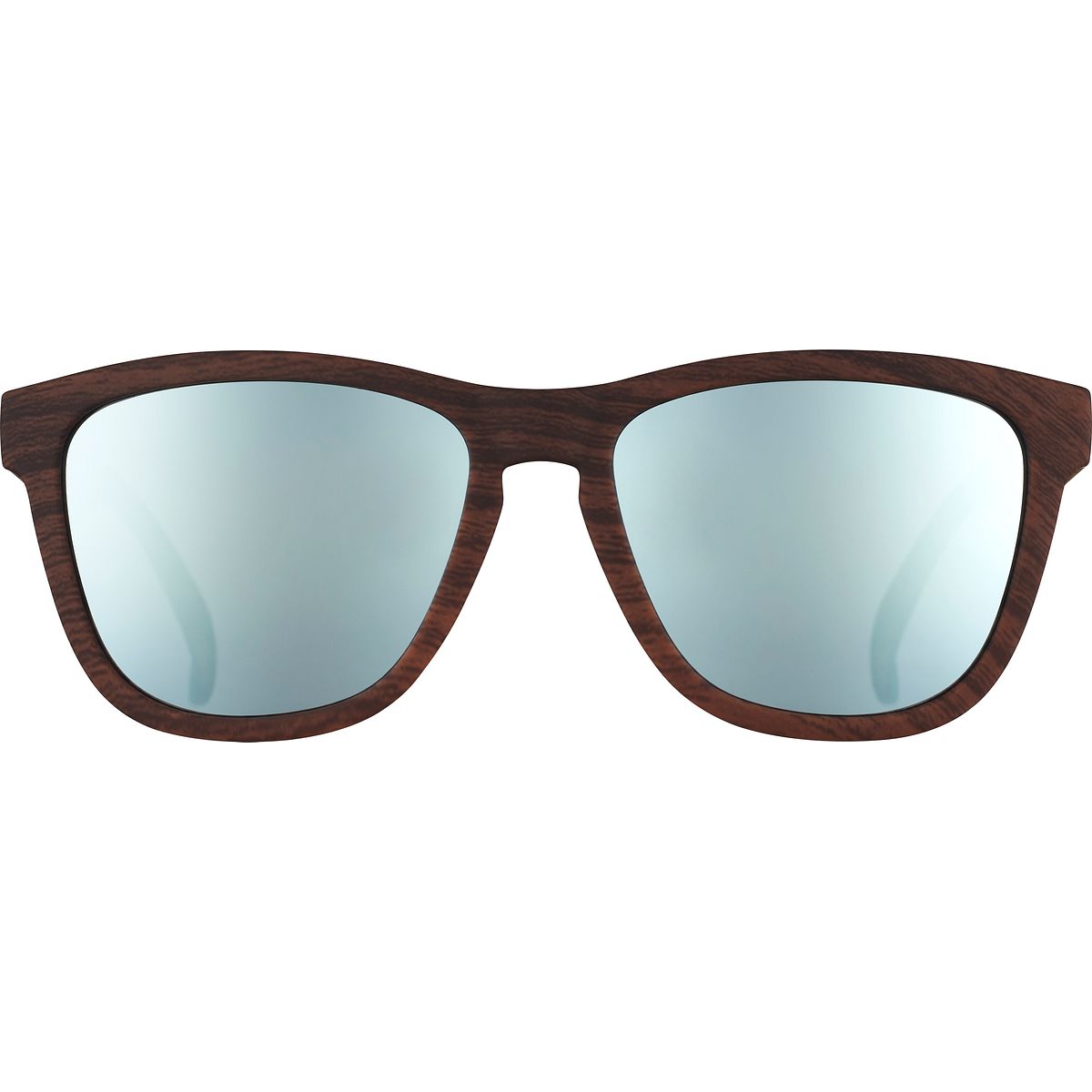 Brown wooden frame sunglasses with reflective light blue lenses, designed for runners, featuring a stylish and sporty design.