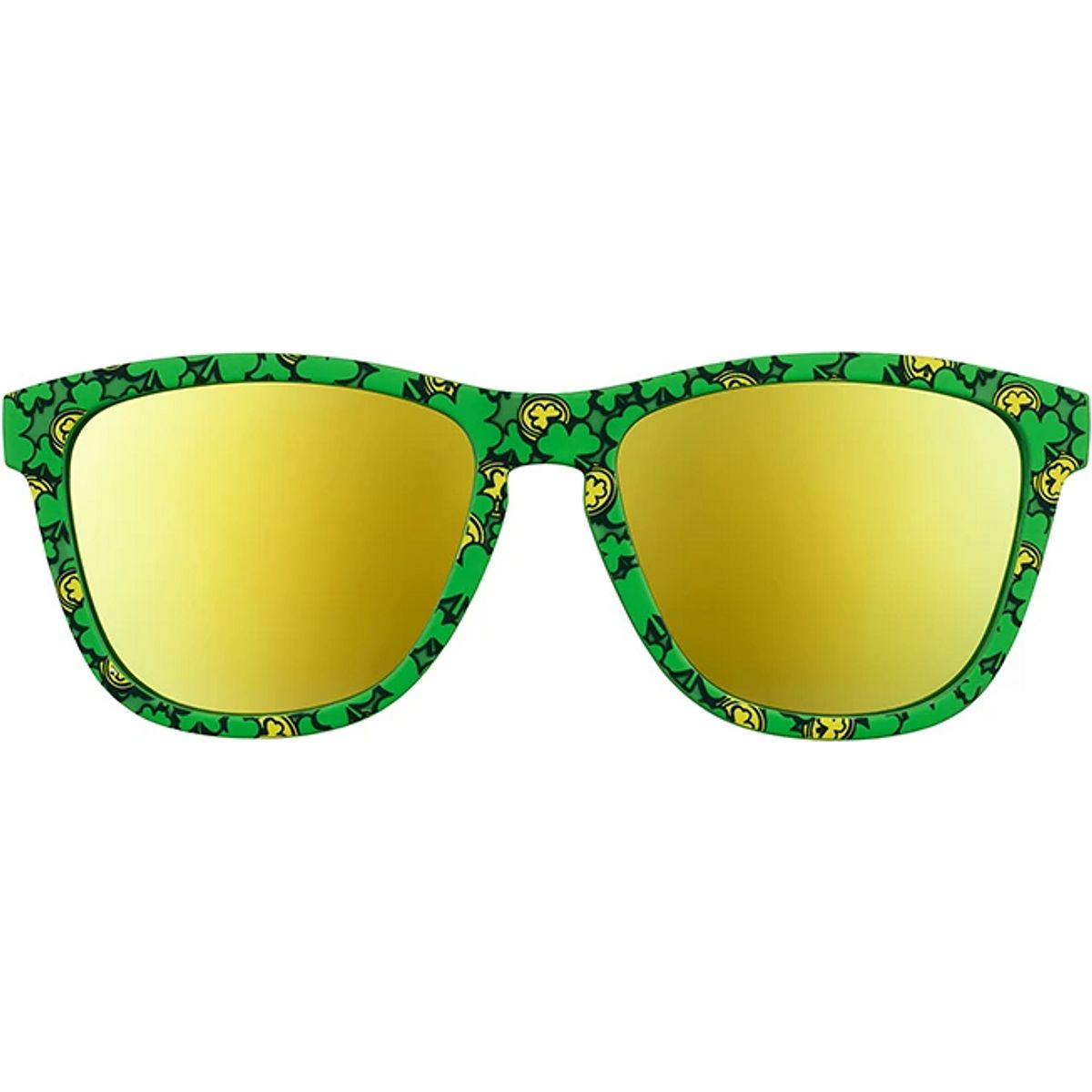 Green sunglasses with a playful leprechaun-themed pattern, featuring gold mirrored lenses and a lightweight, durable frame designed for runners.
